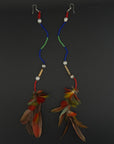 Red Stacked Pom Huni Kuin Feather Earring