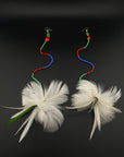White & Green Feather Pom Huni Kuin Earrings