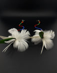White & Green Feather Pom Huni Kuin Earrings