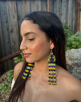 Blue & Yellow Huni Kuin Beaded Fringe Earrings