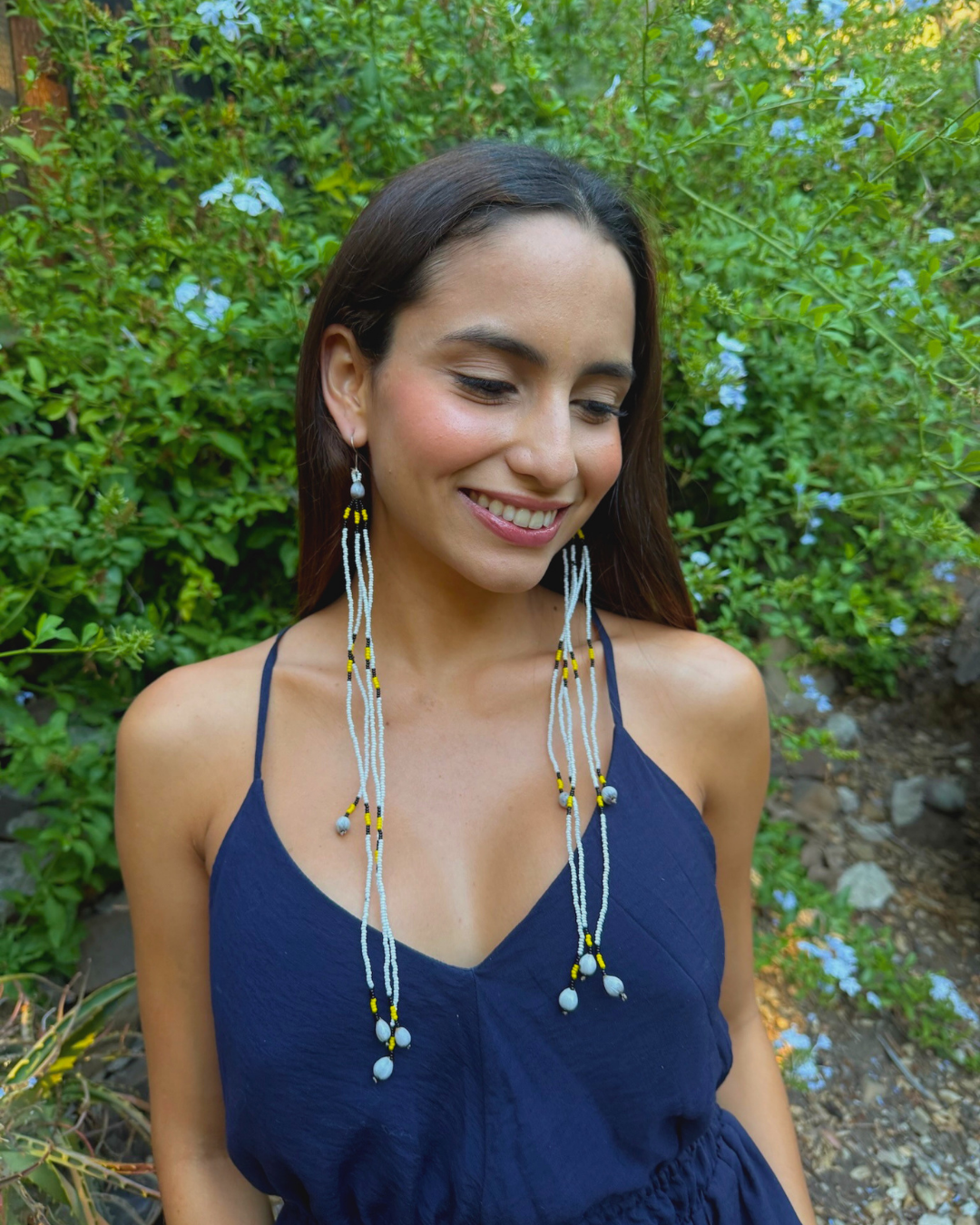 White Long Huni Kuin Beaded Earrings