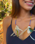 Blue & White Pom Huni Kuin Feather Earrings
