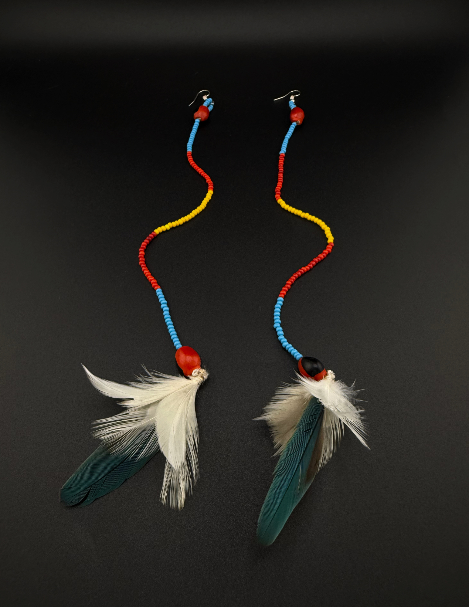 Red &amp; Turquoise Huni Kuin Feather Earrings