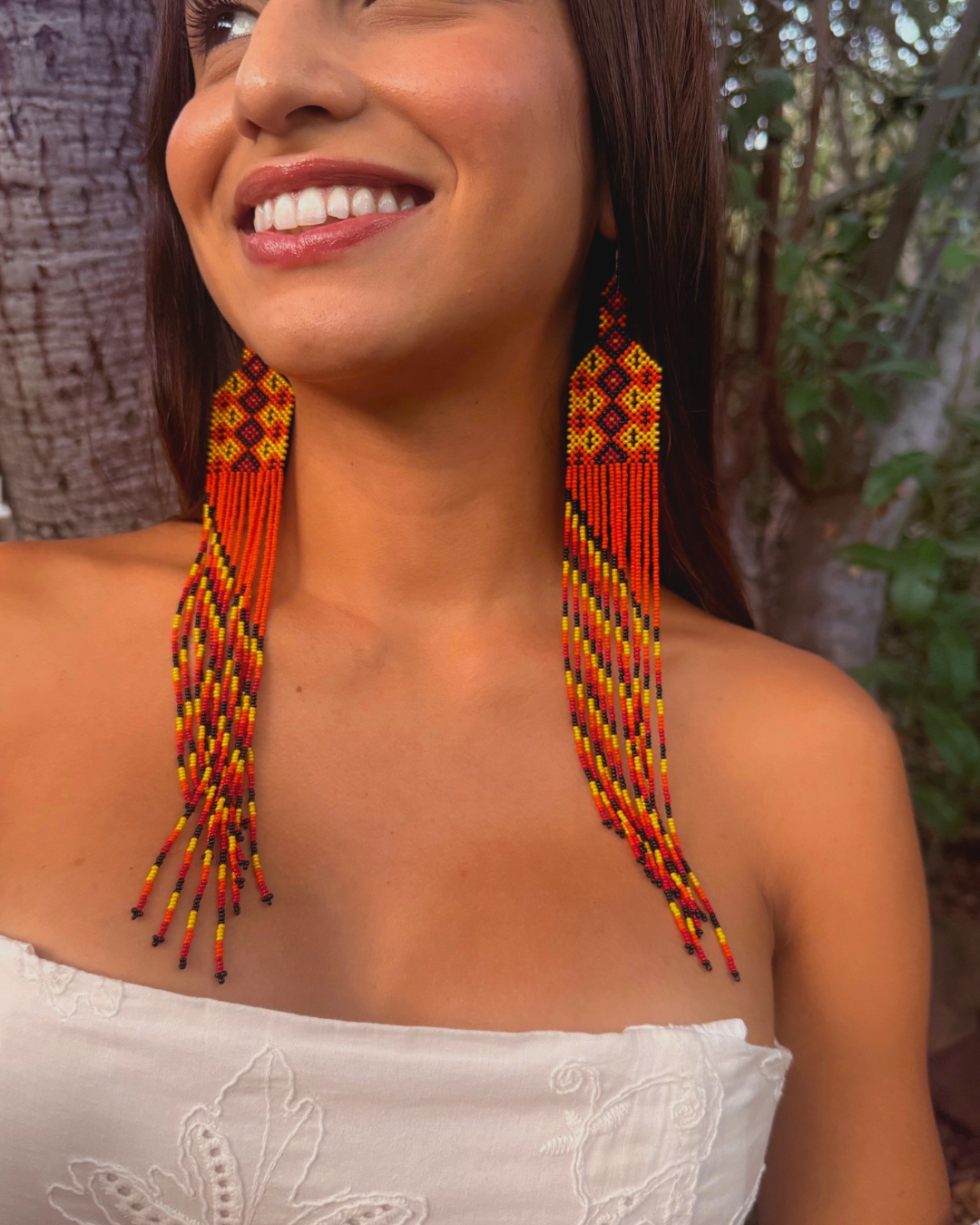 Orange Yawanawa Beaded Fringe Earrings
