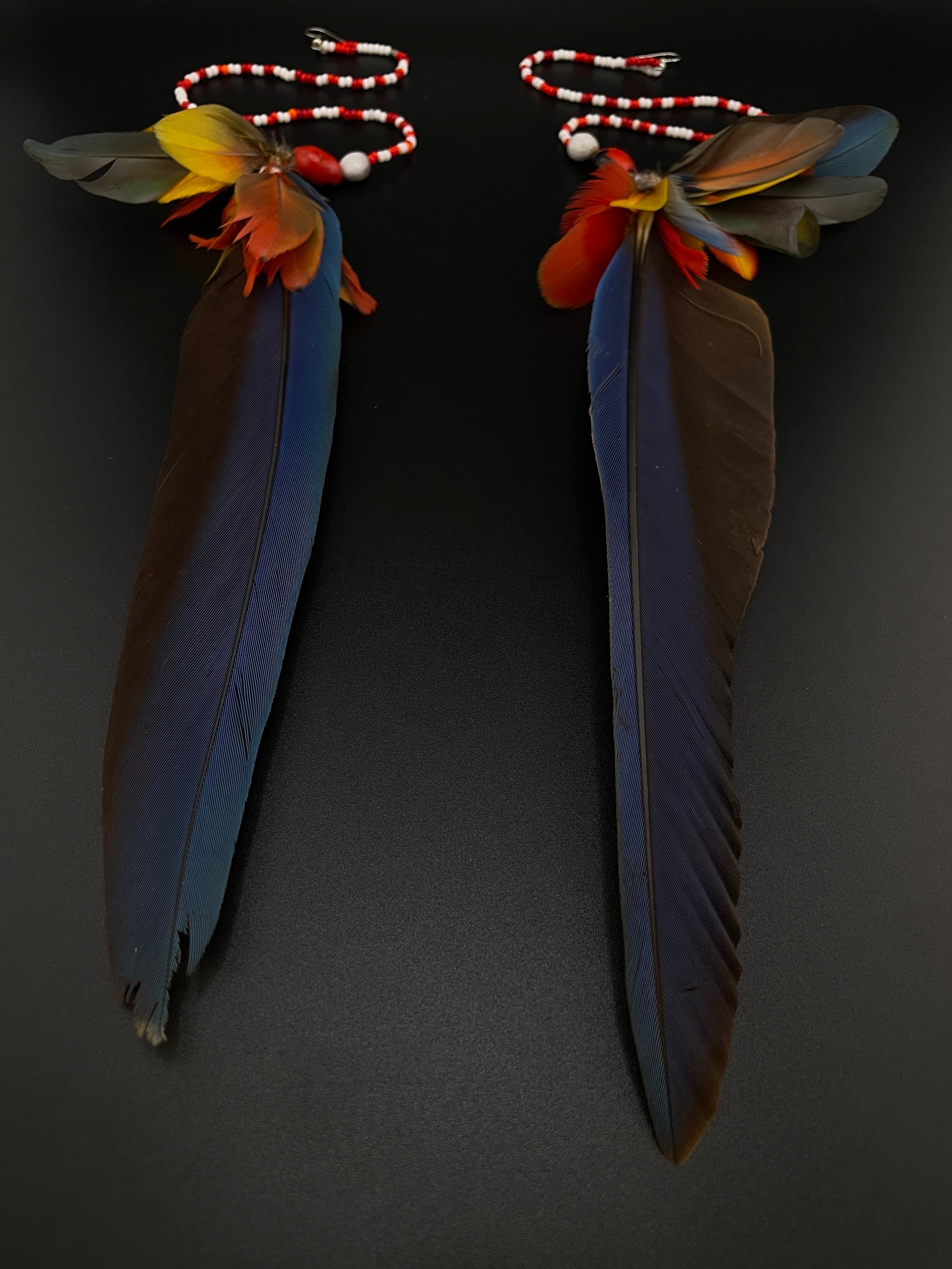 Blue &amp; Red Extra Long Feather Earrings