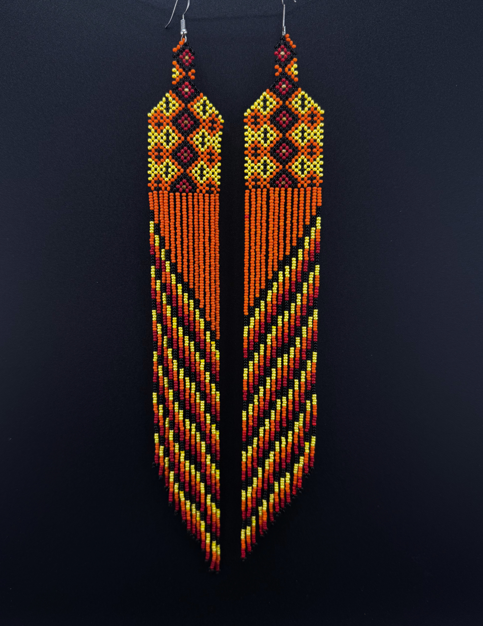 Orange Yawanawa Beaded Fringe Earrings