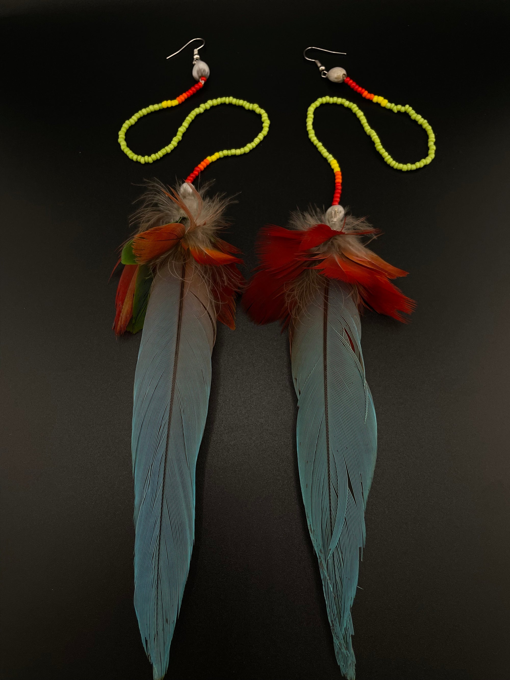 Green &amp; Blue Extra Long Feather Earrings