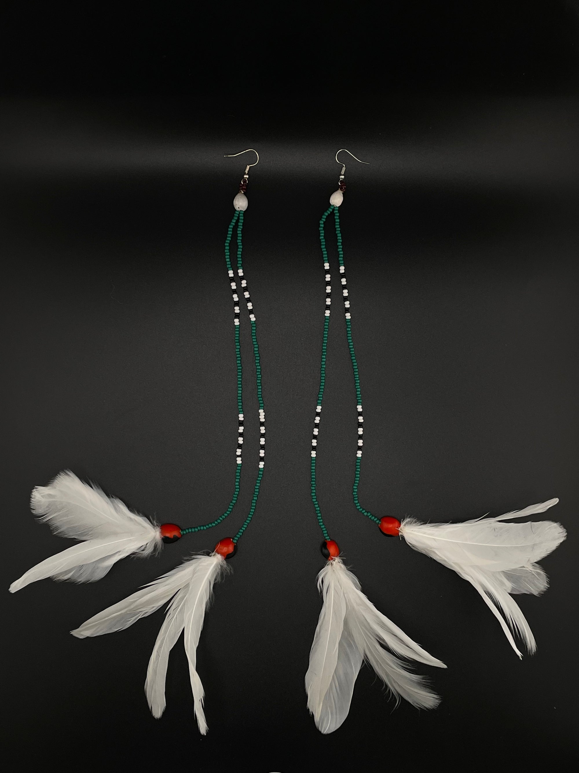 White &amp; Green Huni Kuin Duet Feather Earrings