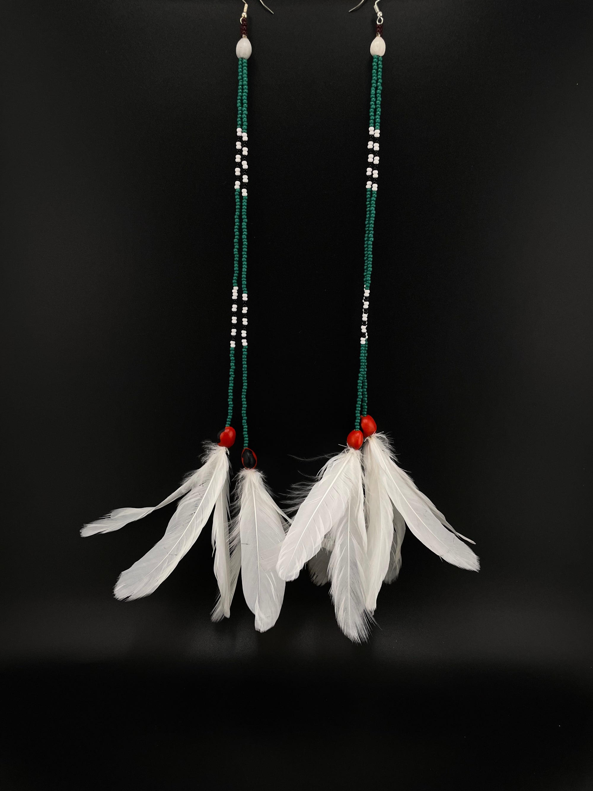 White &amp; Green Huni Kuin Duet Feather Earrings