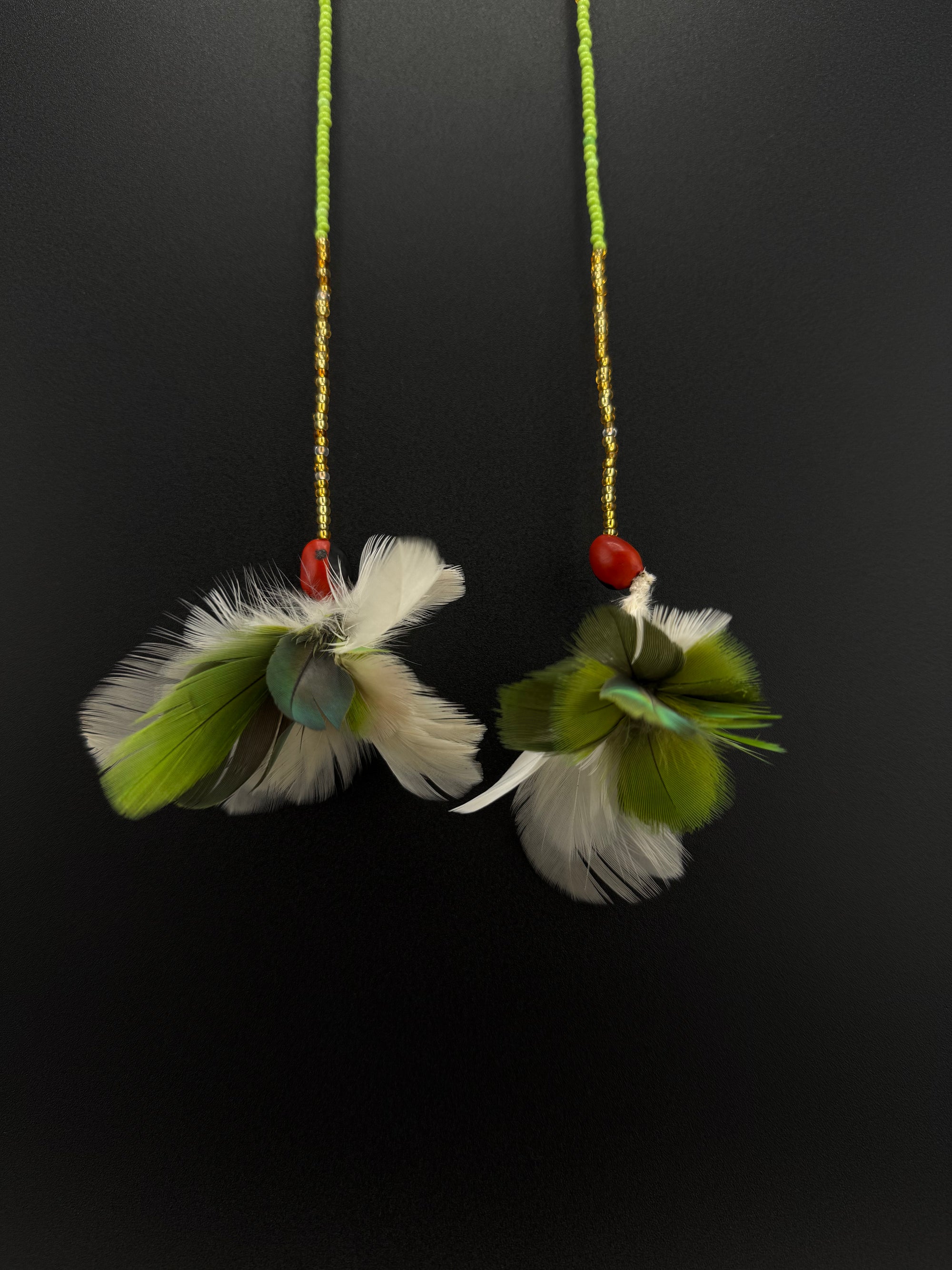 Green &amp; White Pom Huni Kuin Feather Earrings