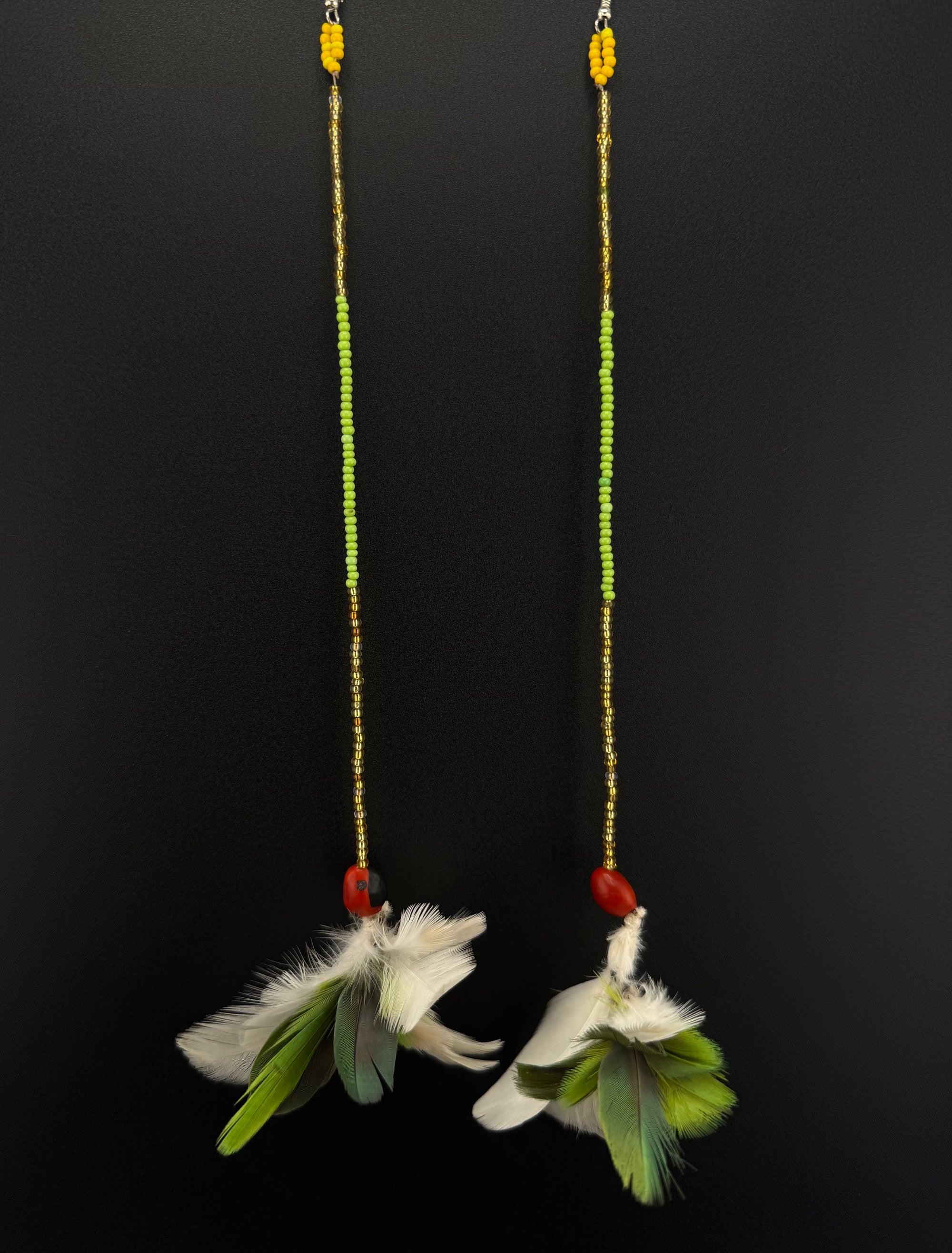 Green &amp; White Pom Huni Kuin Feather Earrings