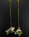 Green & White Pom Huni Kuin Feather Earrings