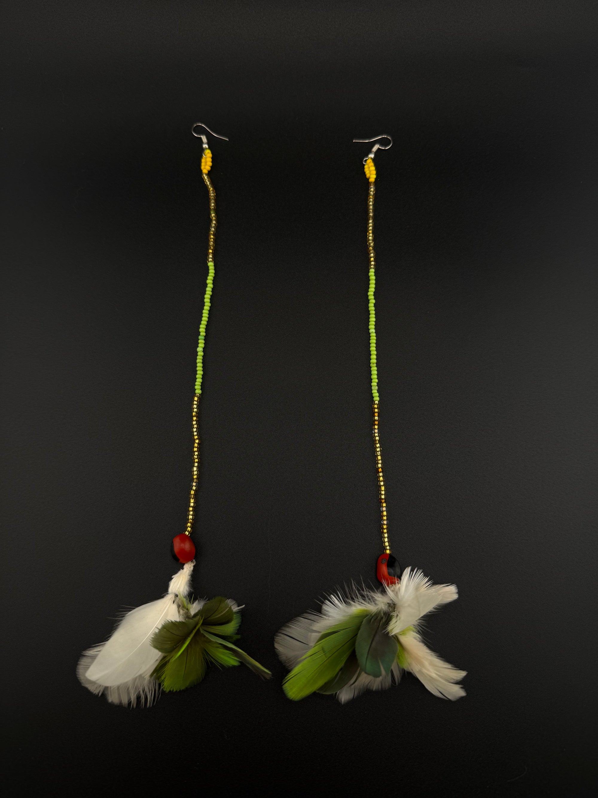 Green &amp; White Pom Huni Kuin Feather Earrings