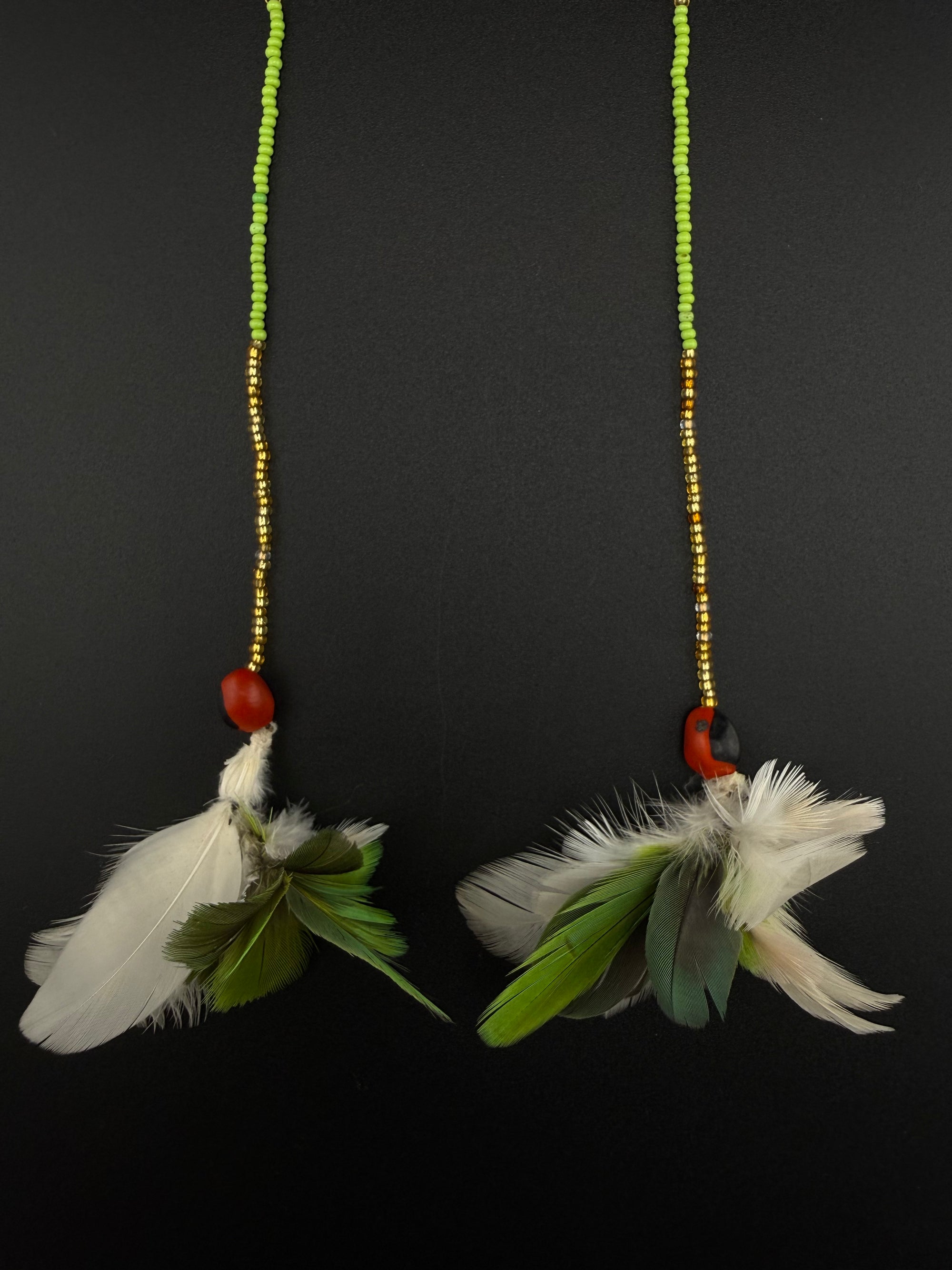 Green &amp; White Pom Huni Kuin Feather Earrings