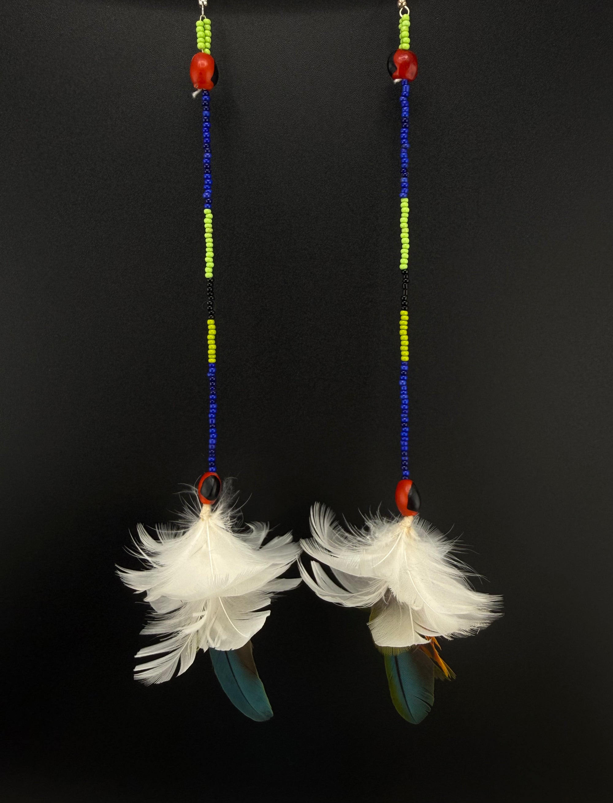 White &amp; Blue Pom Huni Kuin Feather Earrings