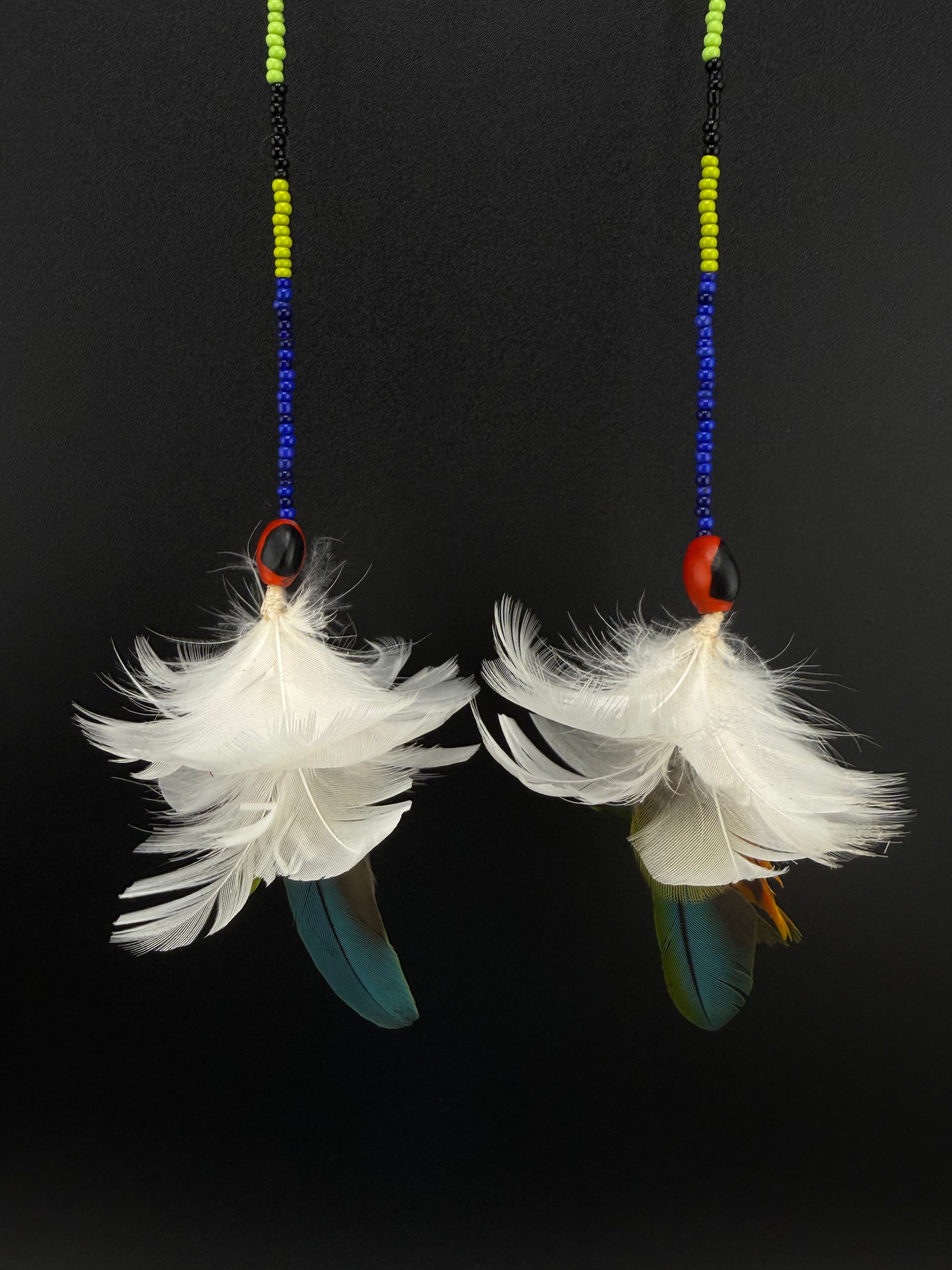 White &amp; Blue Pom Huni Kuin Feather Earrings