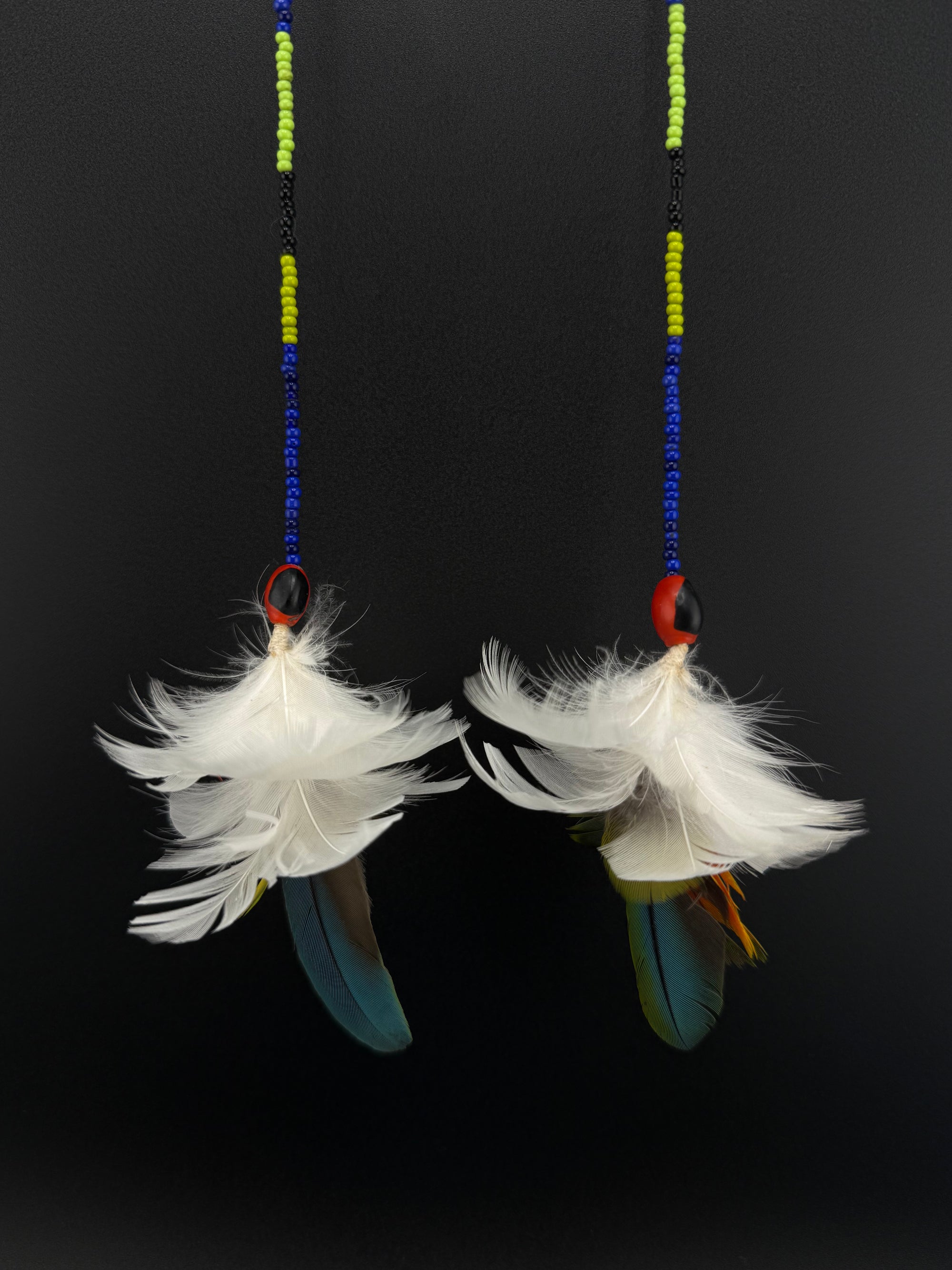 White &amp; Blue Pom Huni Kuin Feather Earrings