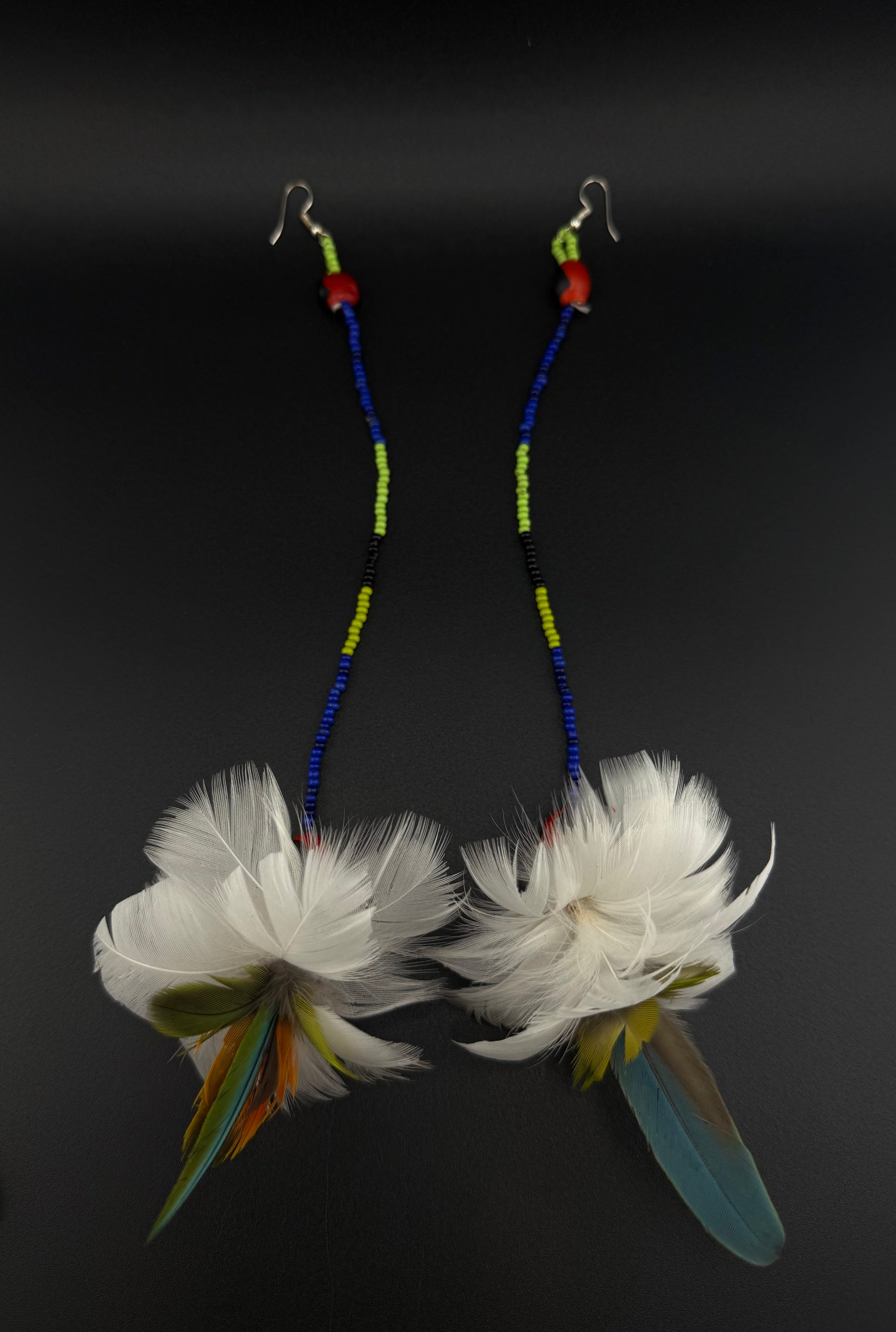 White &amp; Blue Pom Huni Kuin Feather Earrings