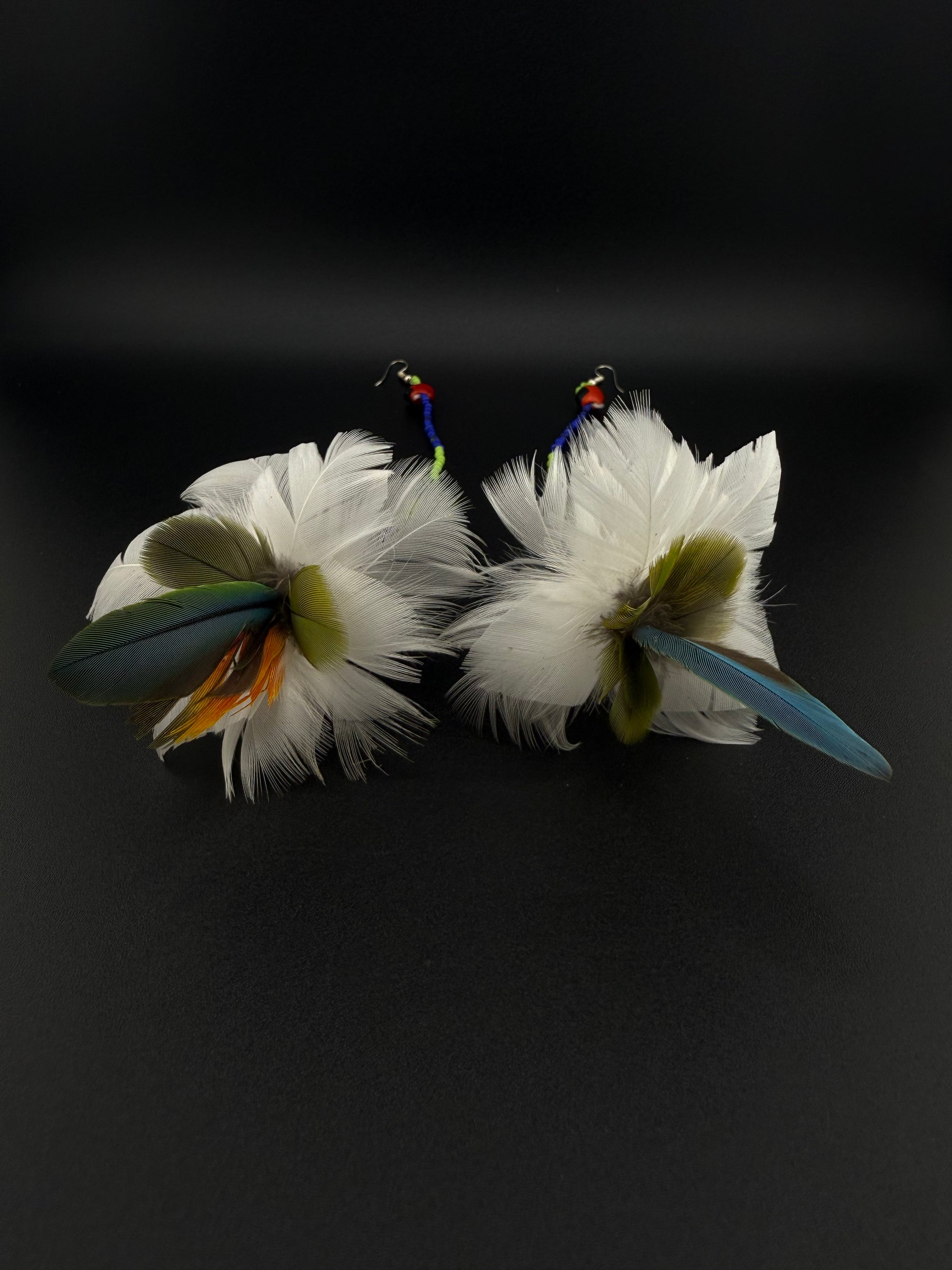 White &amp; Blue Pom Huni Kuin Feather Earrings