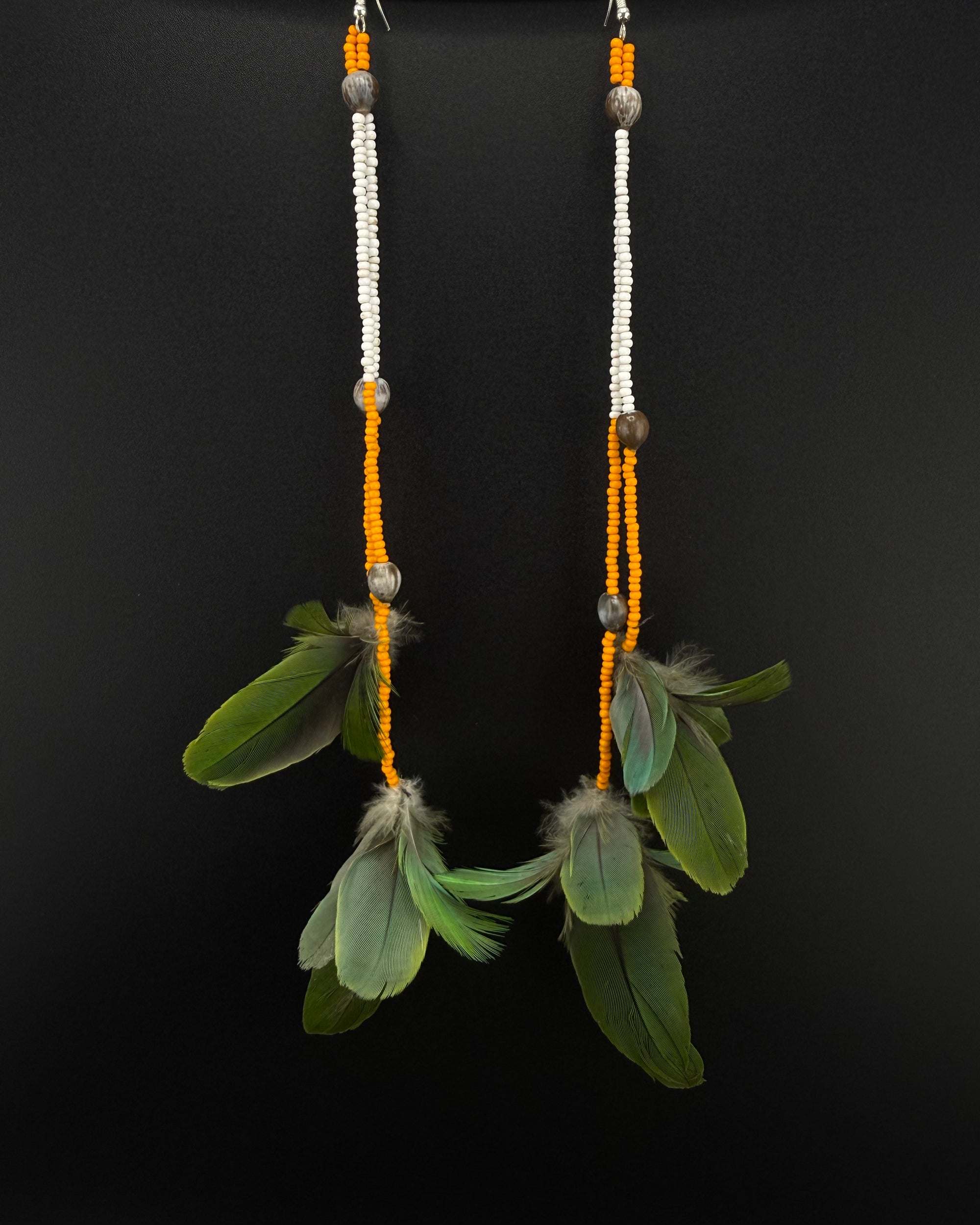 Orange &amp; Green Duet Huni Kuin Feather Earring