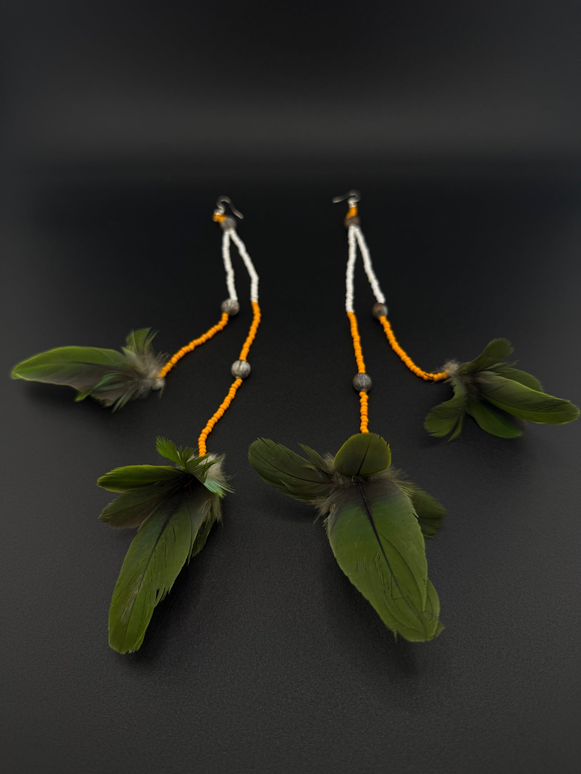 Orange &amp; Green Duet Huni Kuin Feather Earring