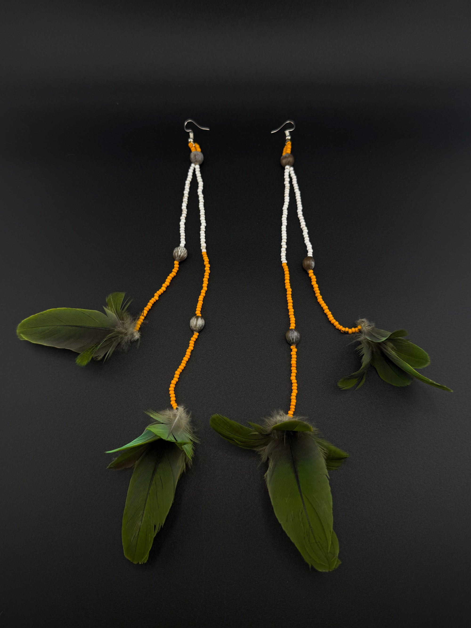 Orange &amp; Green Duet Huni Kuin Feather Earring