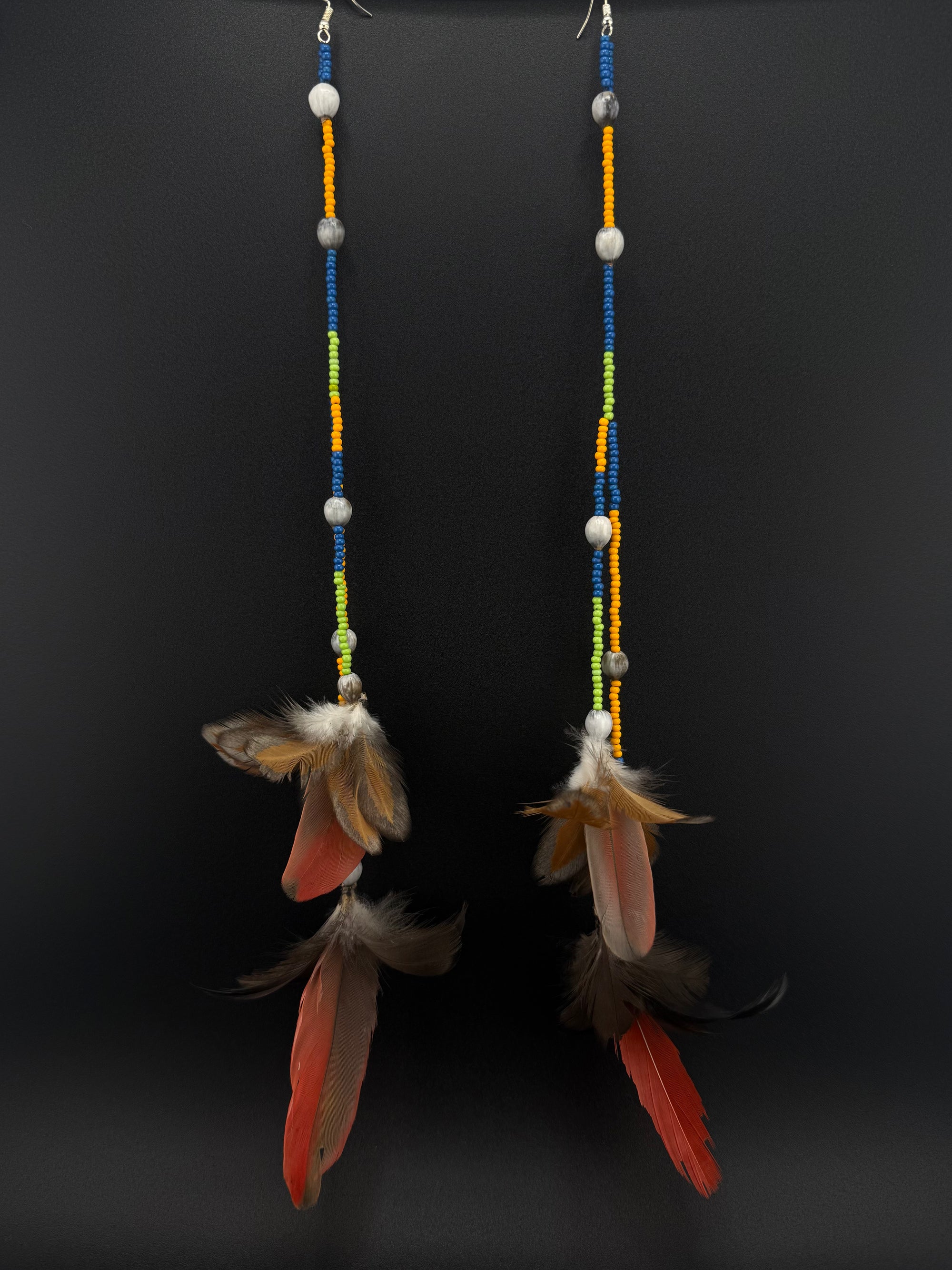 Red &amp; Gold Double Pom Huni Kuin Feather Earring