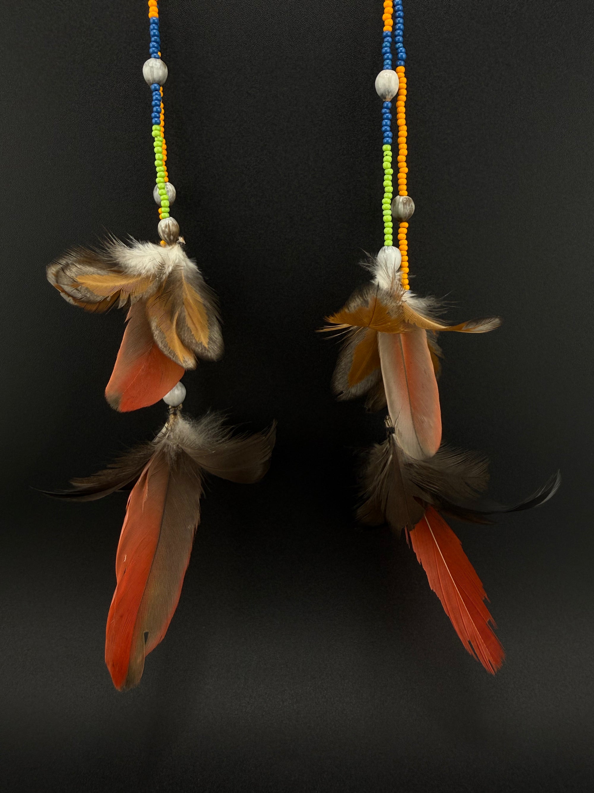 Red &amp; Gold Double Pom Huni Kuin Feather Earring
