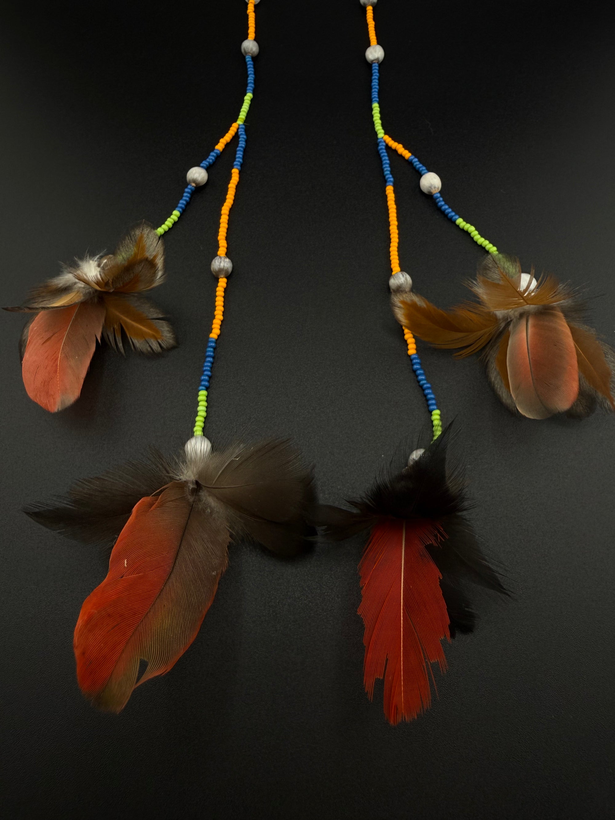 Red &amp; Gold Double Pom Huni Kuin Feather Earring