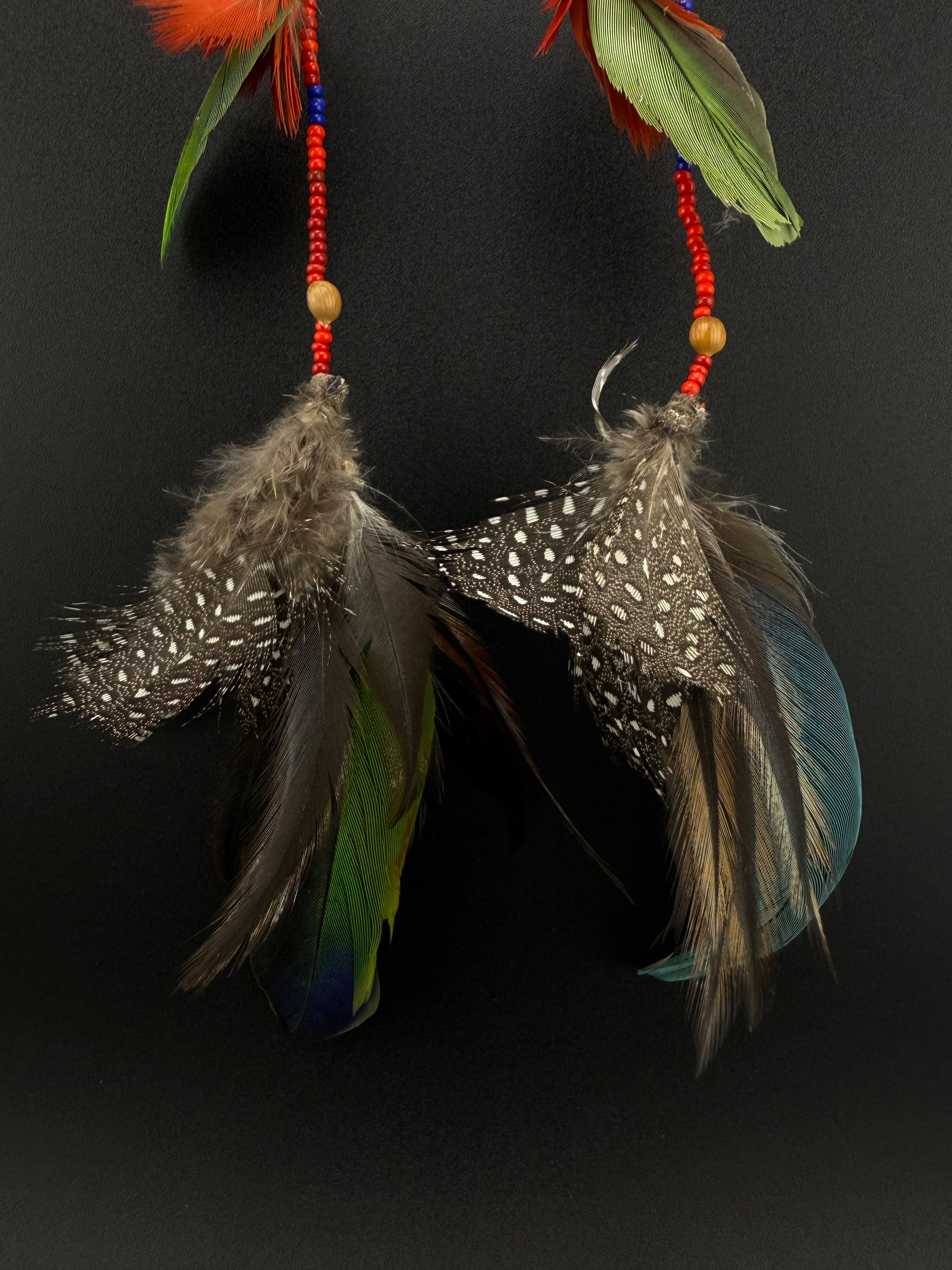 Red, Blue &amp; Green Double Pom Huni Kuin Feather Earring