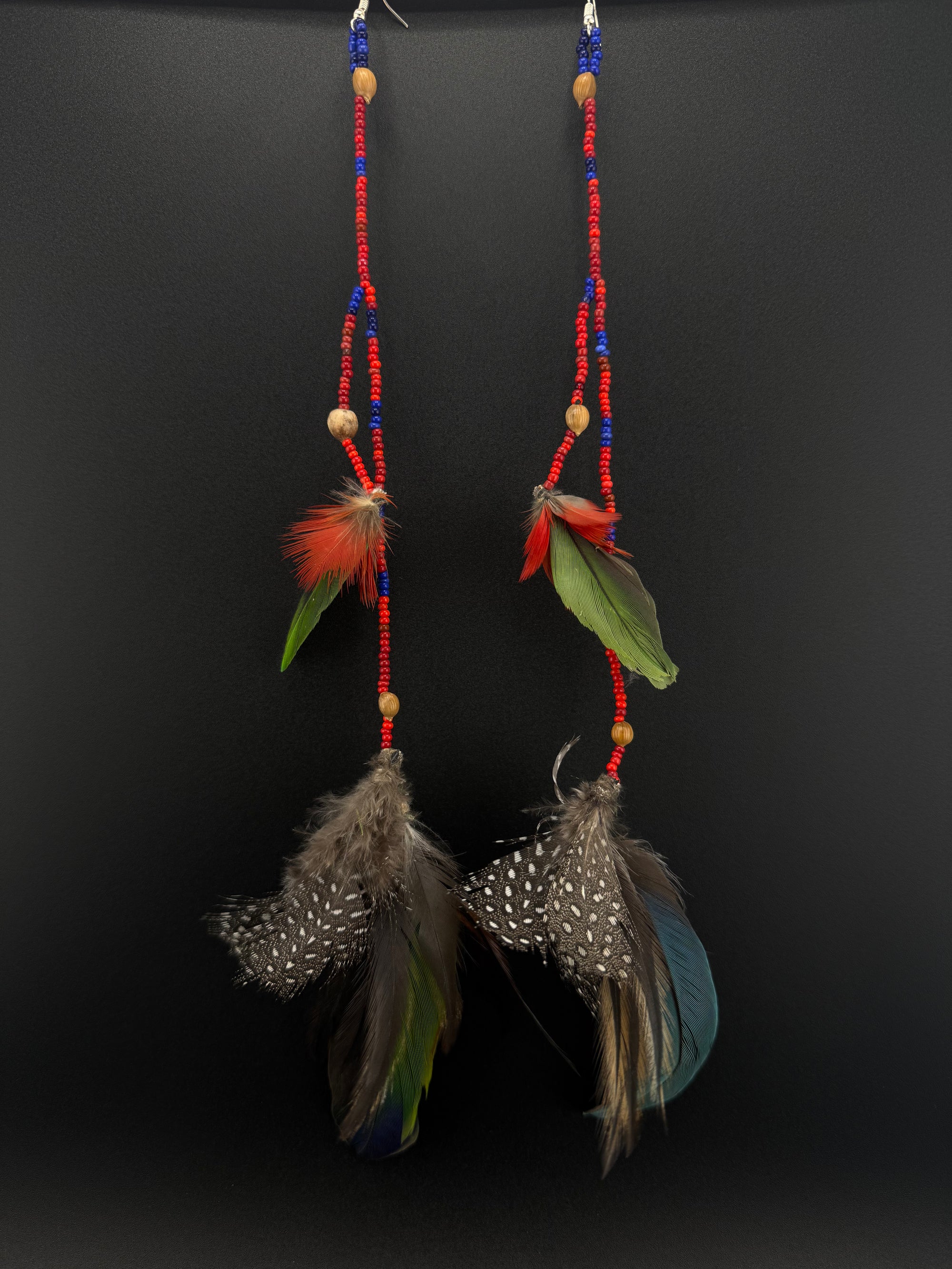Red, Blue &amp; Green Double Pom Huni Kuin Feather Earring