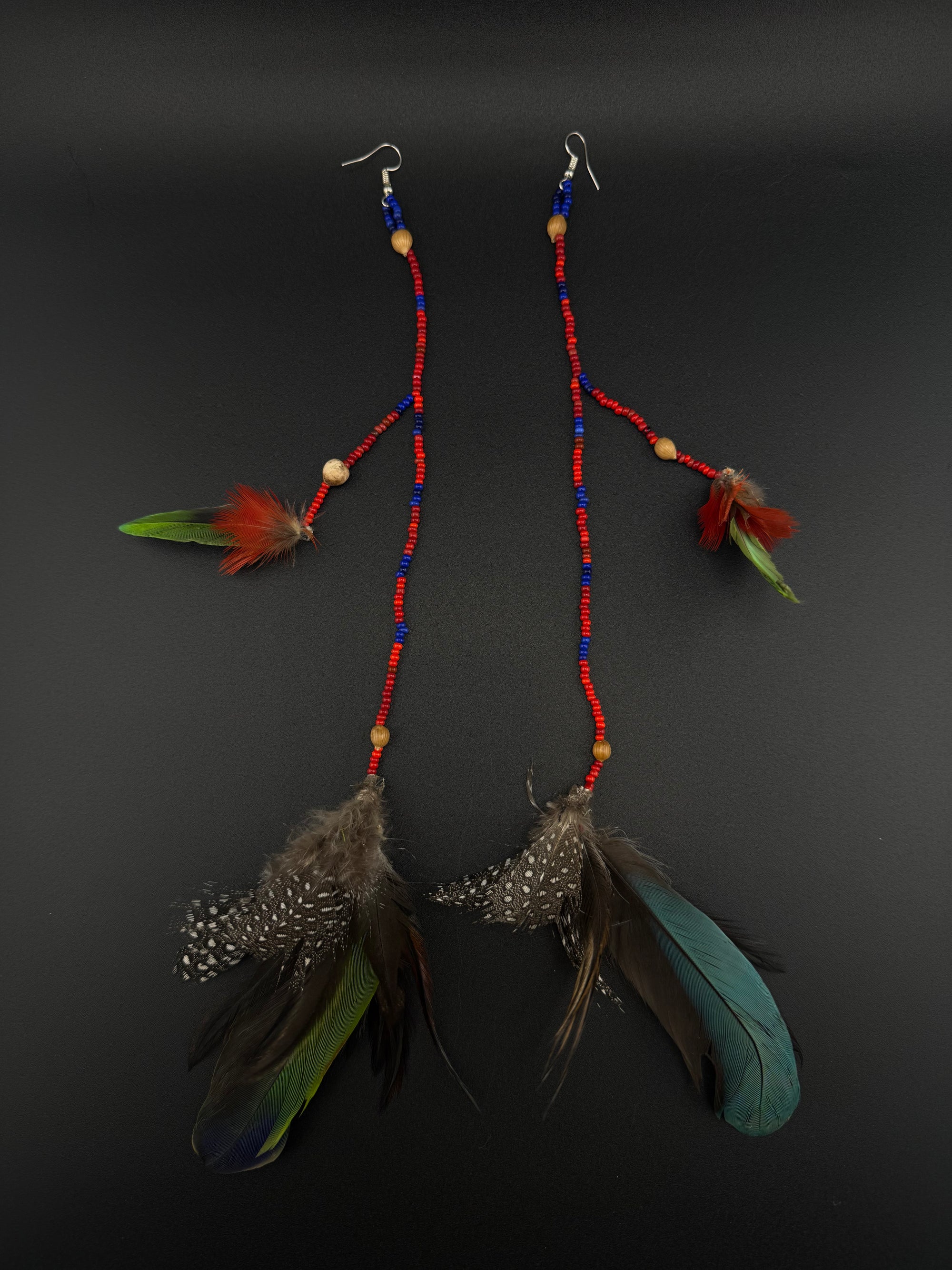 Red, Blue &amp; Green Double Pom Huni Kuin Feather Earring
