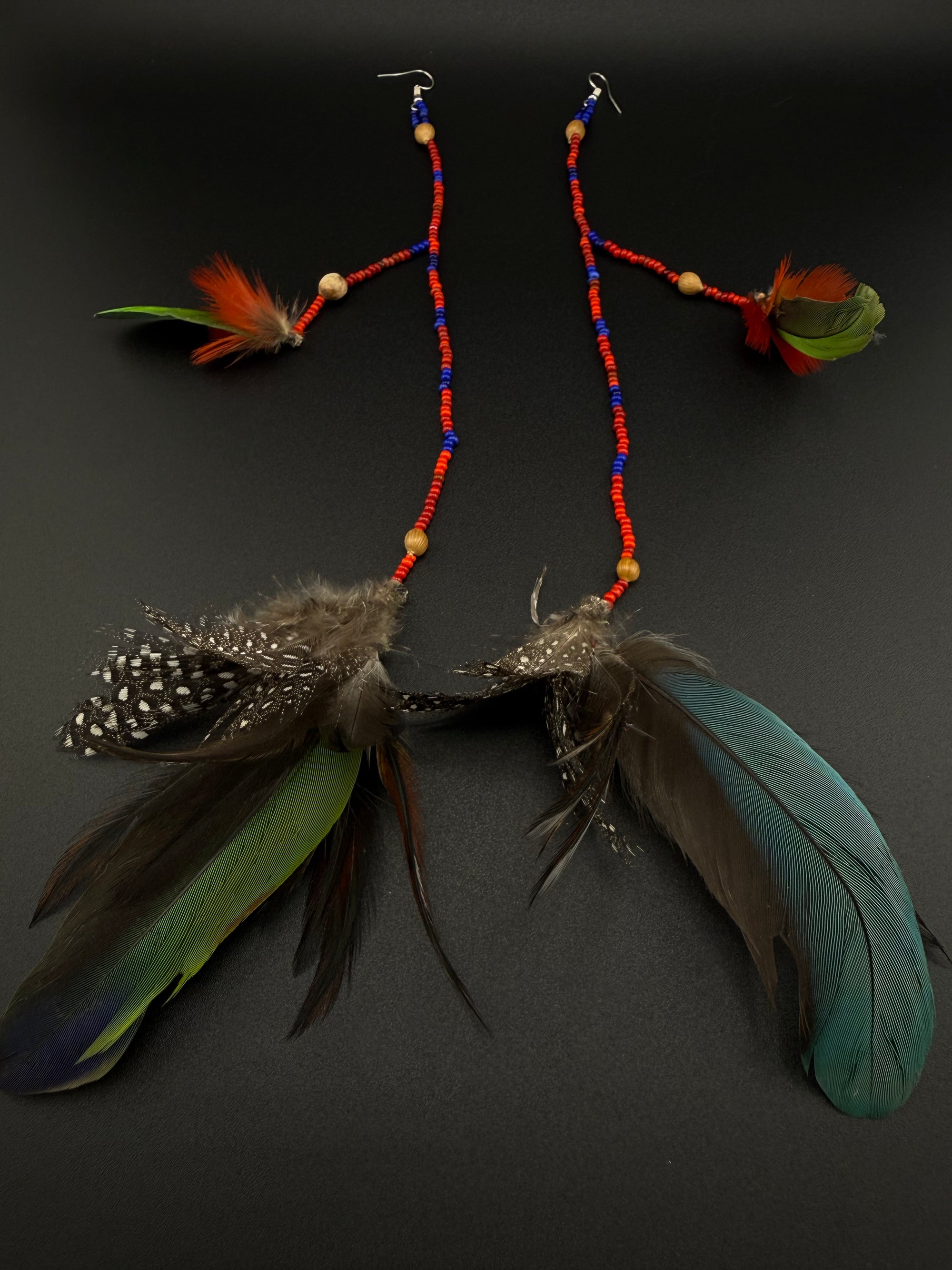 Red, Blue &amp; Green Double Pom Huni Kuin Feather Earring