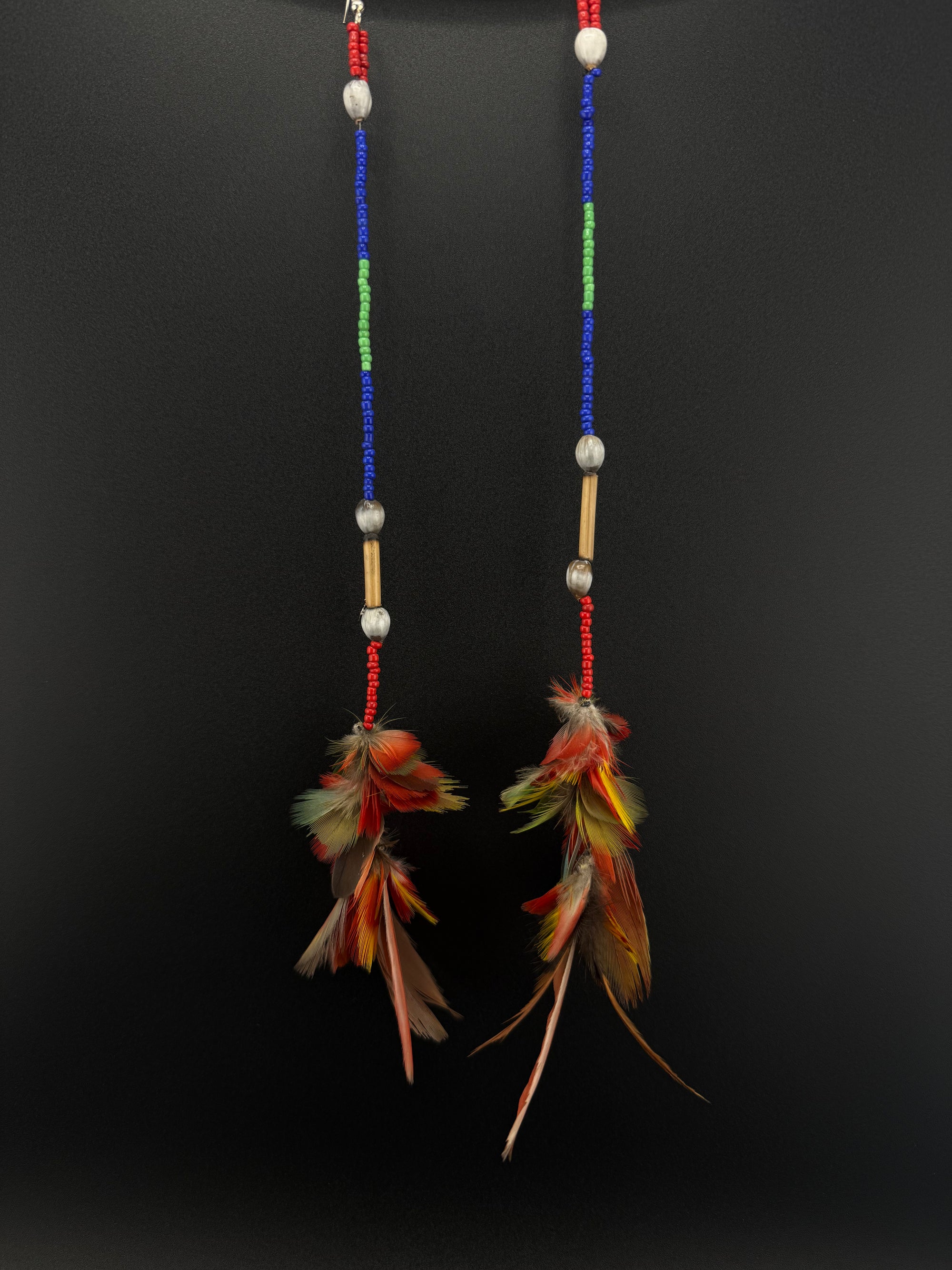 Red Stacked Pom Huni Kuin Feather Earring