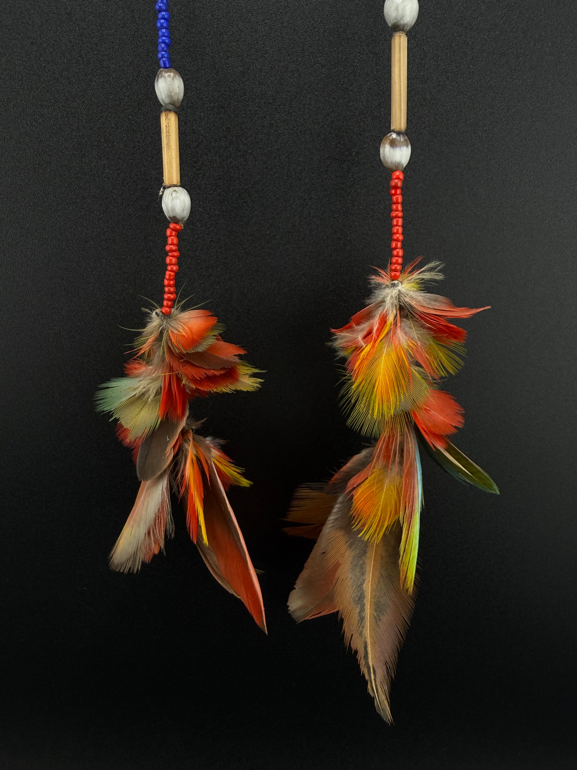 Red Stacked Pom Huni Kuin Feather Earring