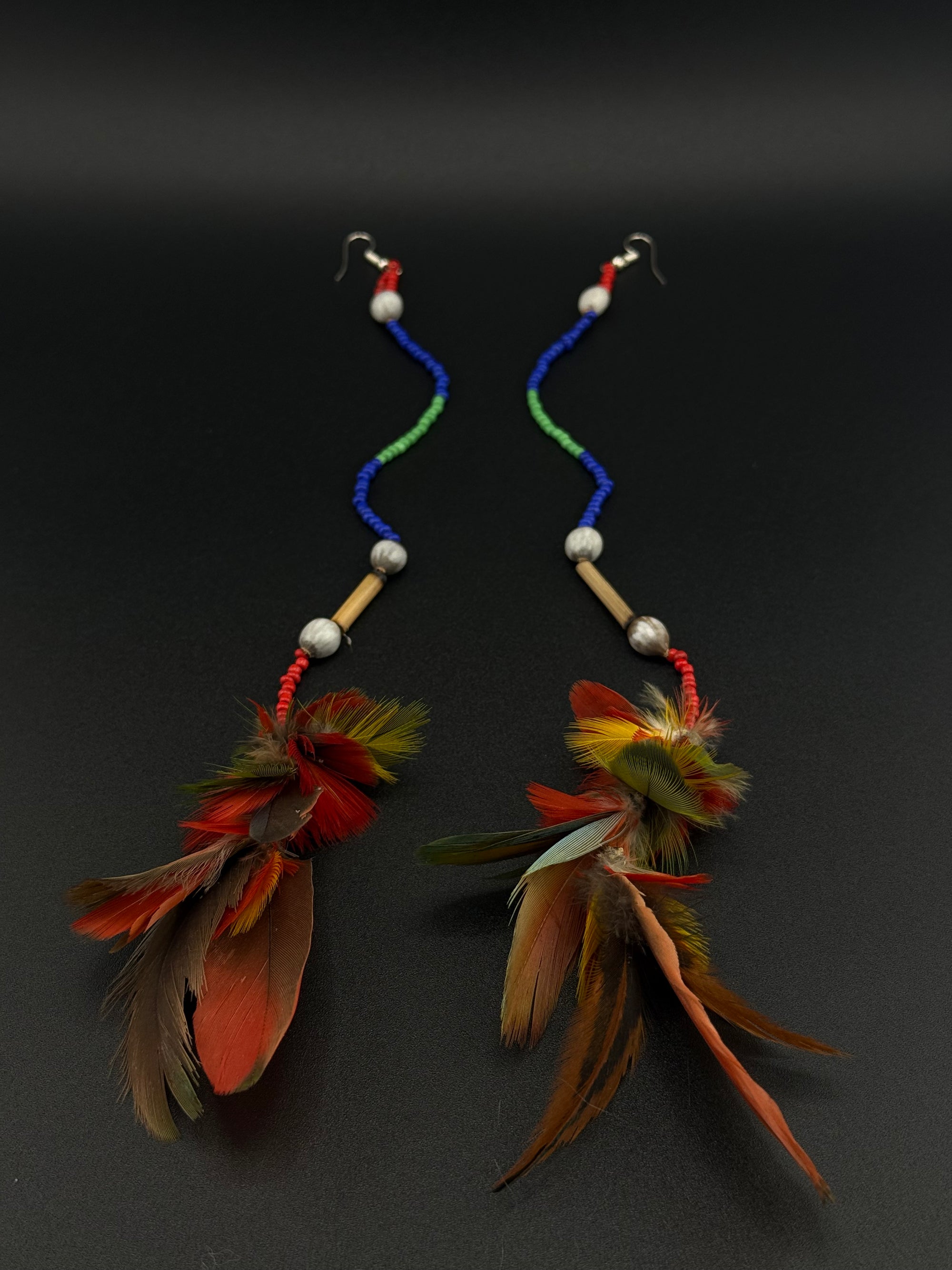 Red Stacked Pom Huni Kuin Feather Earring