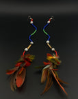 Red Stacked Pom Huni Kuin Feather Earring