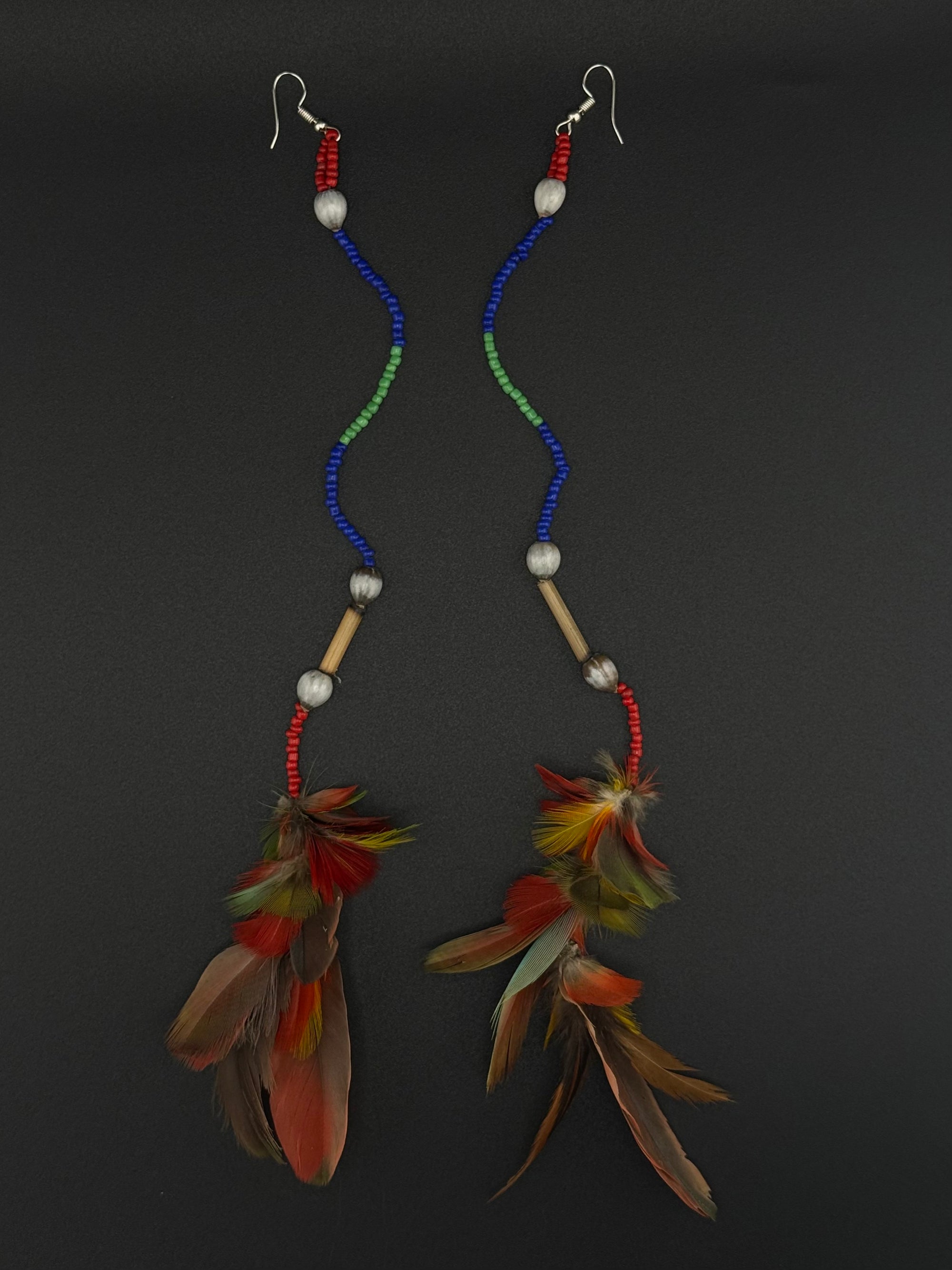 Red Stacked Pom Huni Kuin Feather Earring
