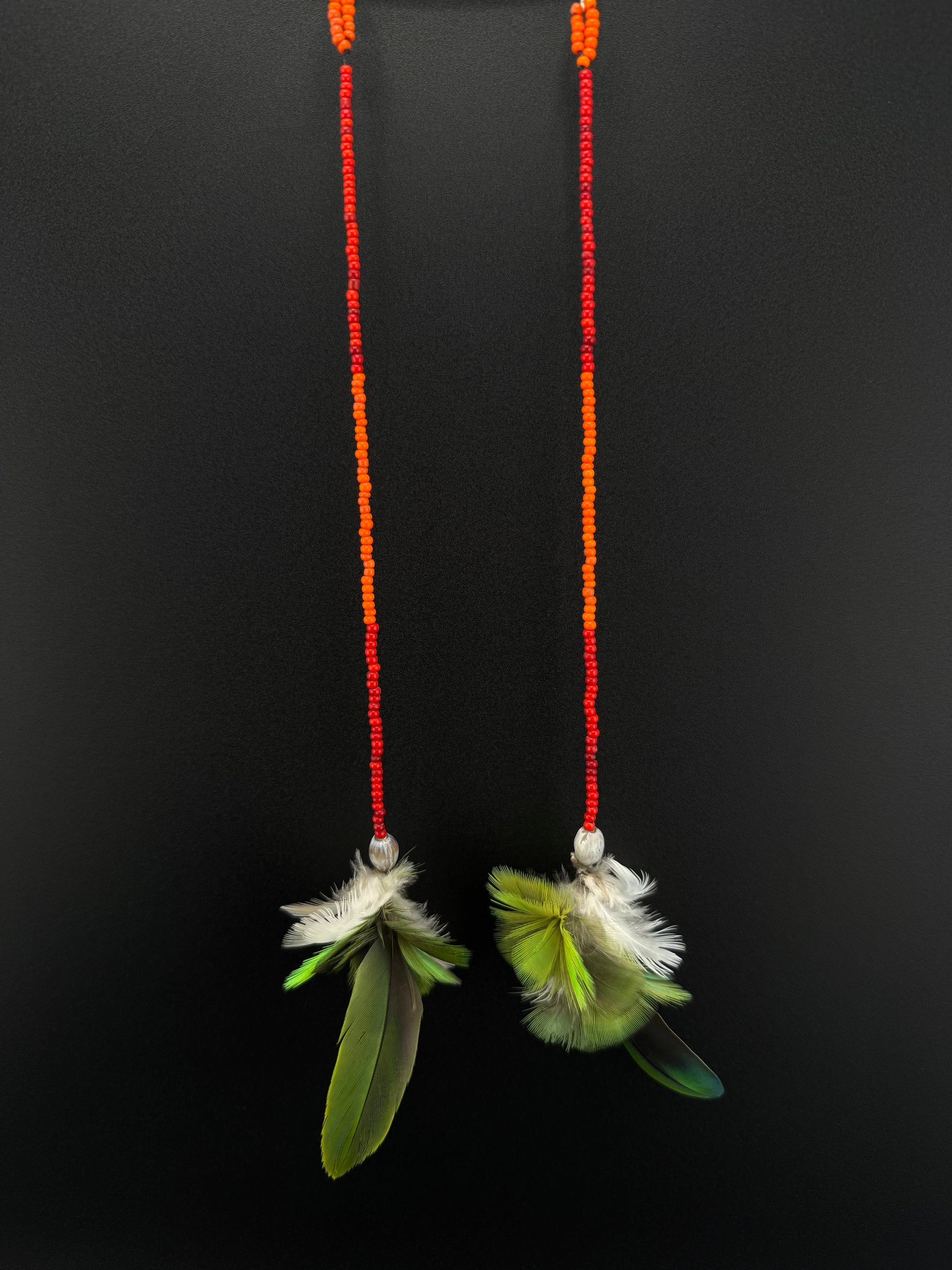 Green &amp; Red Pom Huni Kuin Feather Earrings