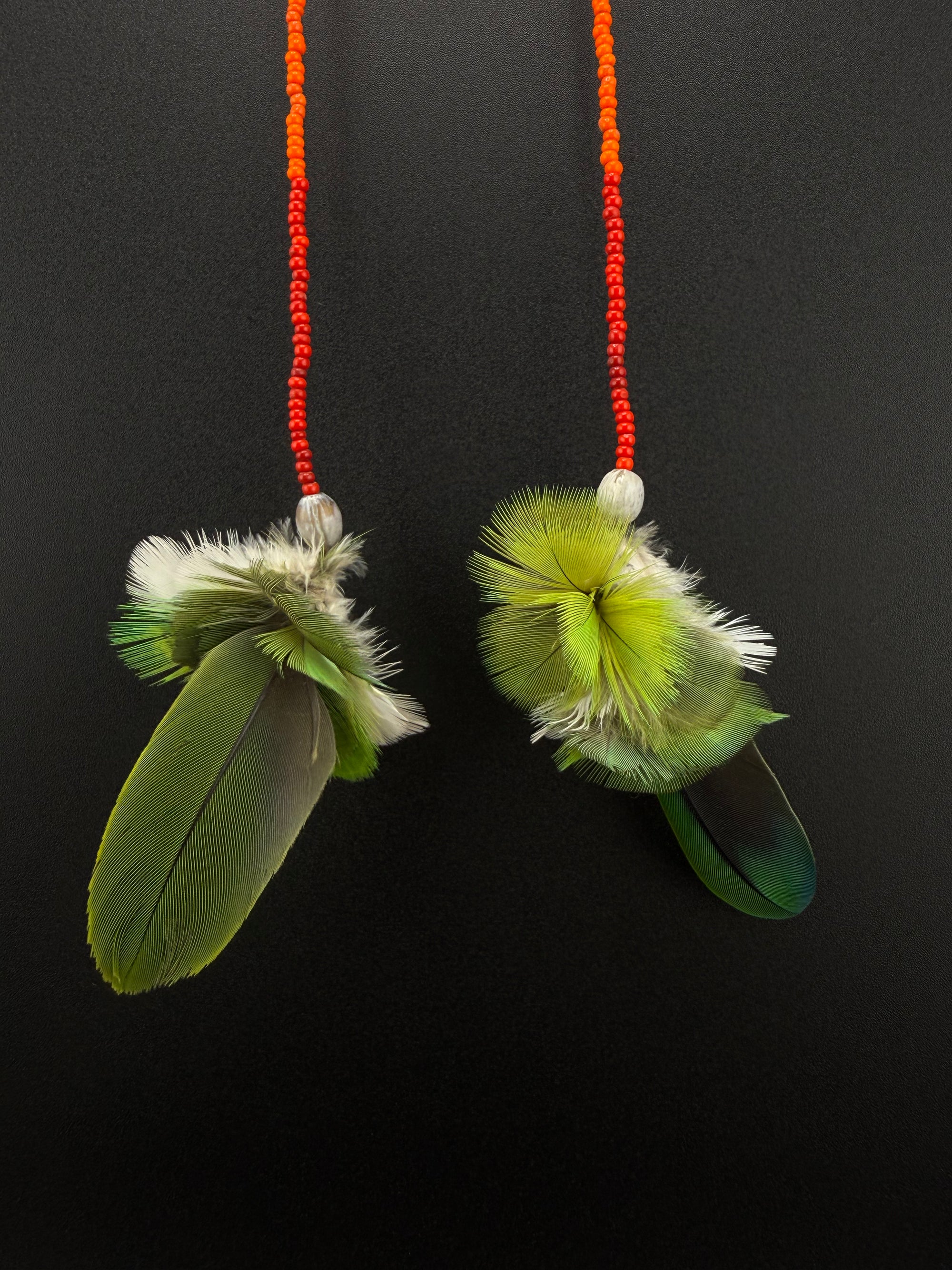 Green &amp; Red Pom Huni Kuin Feather Earrings