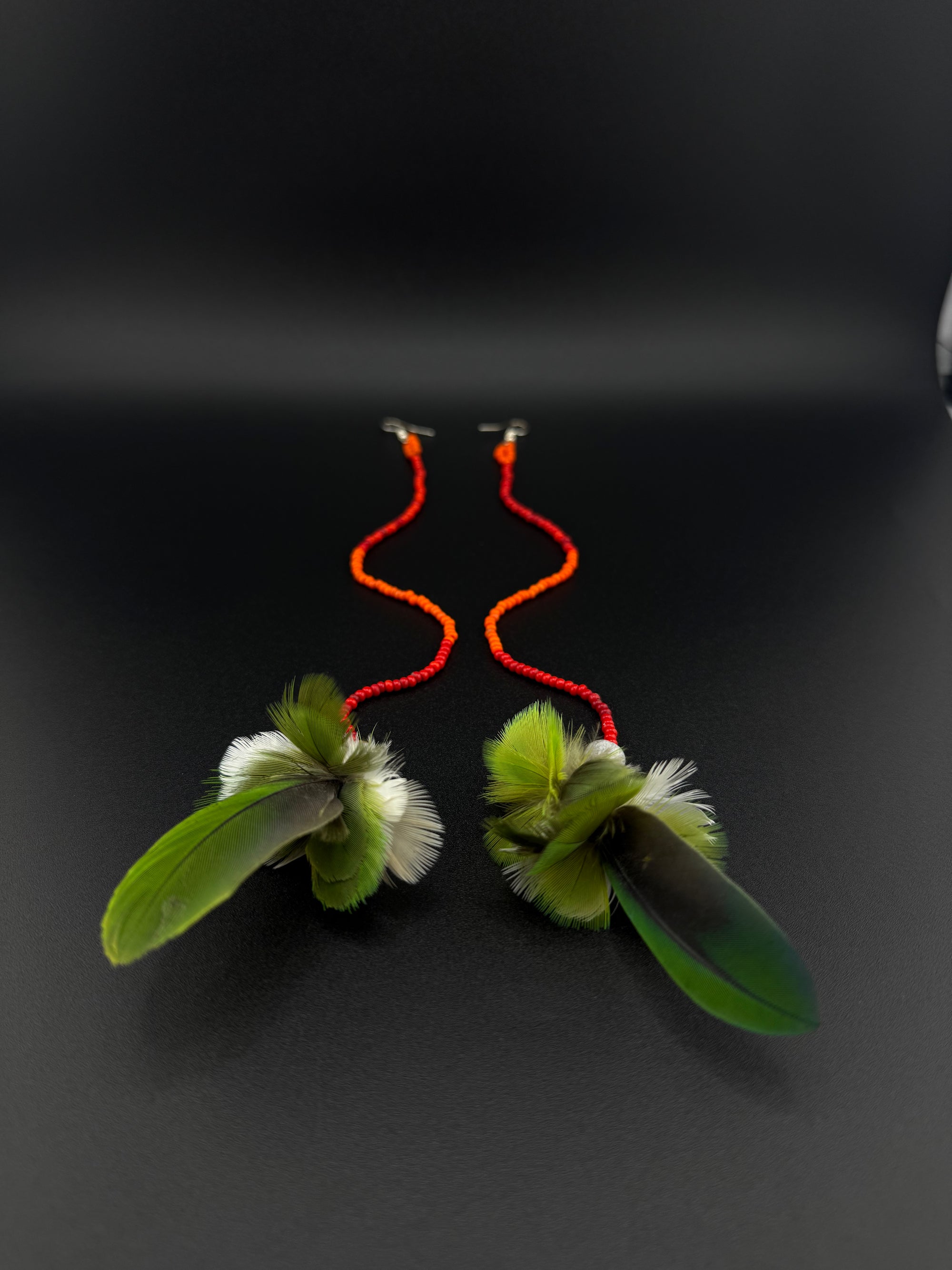 Green &amp; Red Pom Huni Kuin Feather Earrings