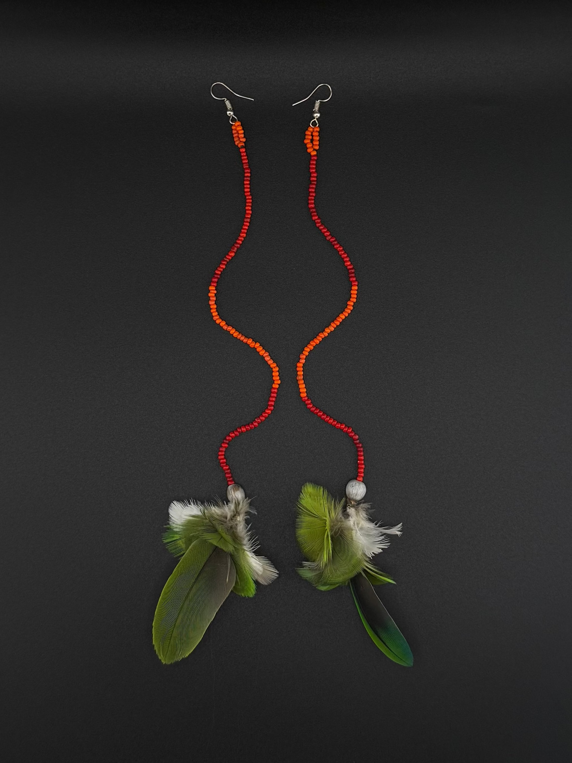 Green &amp; Red Pom Huni Kuin Feather Earrings