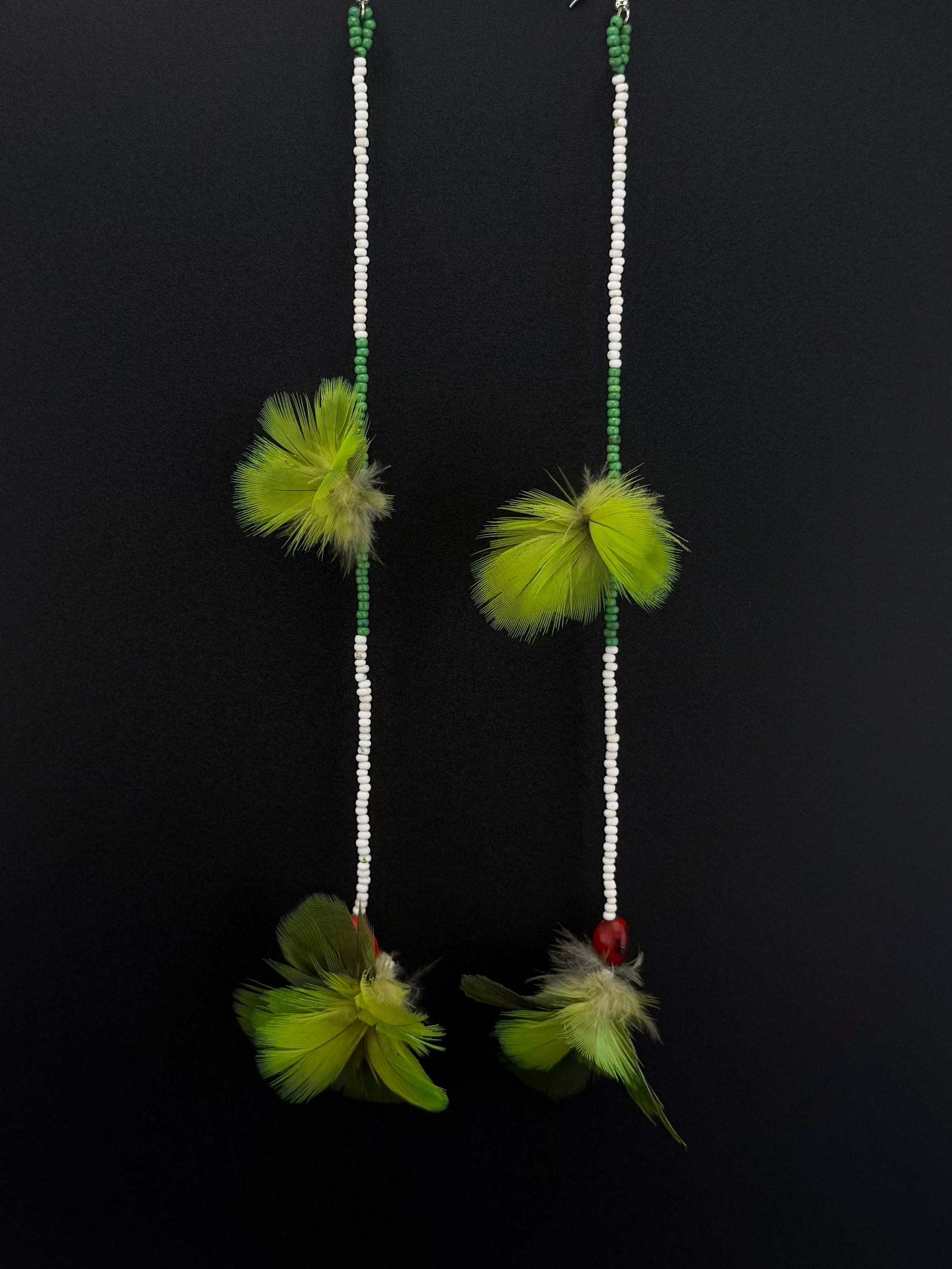Green Double Pom Huni Kuin Feather Earrings