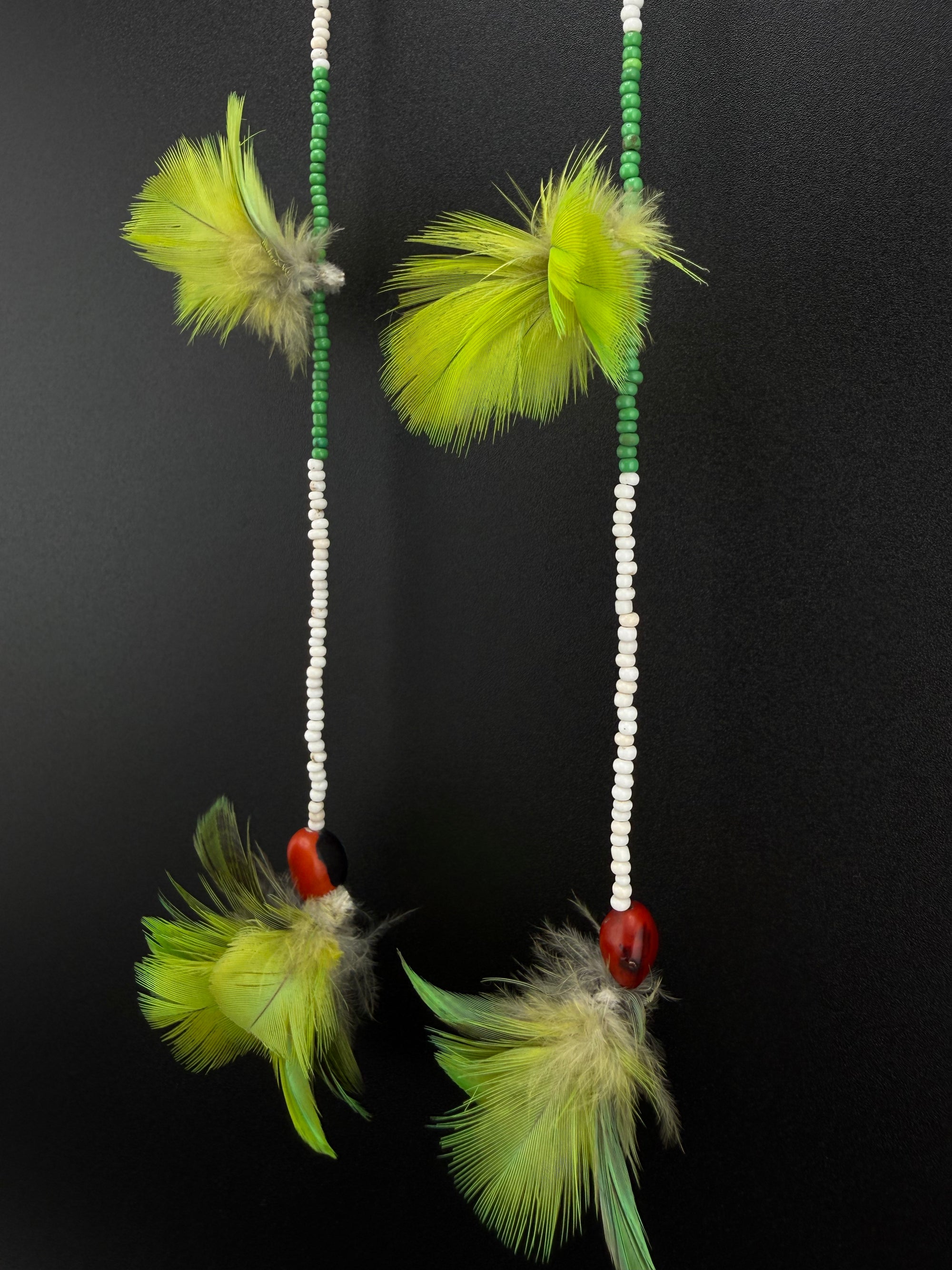 Green Double Pom Huni Kuin Feather Earrings