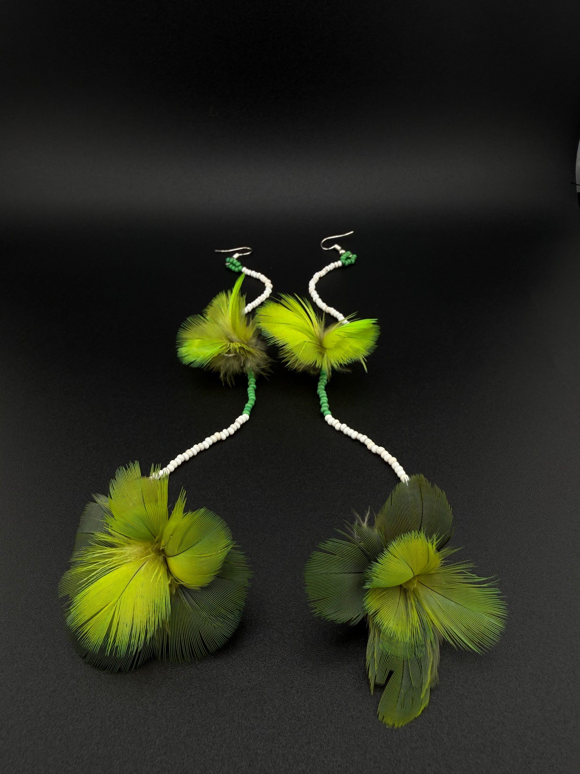 Green Double Pom Huni Kuin Feather Earrings