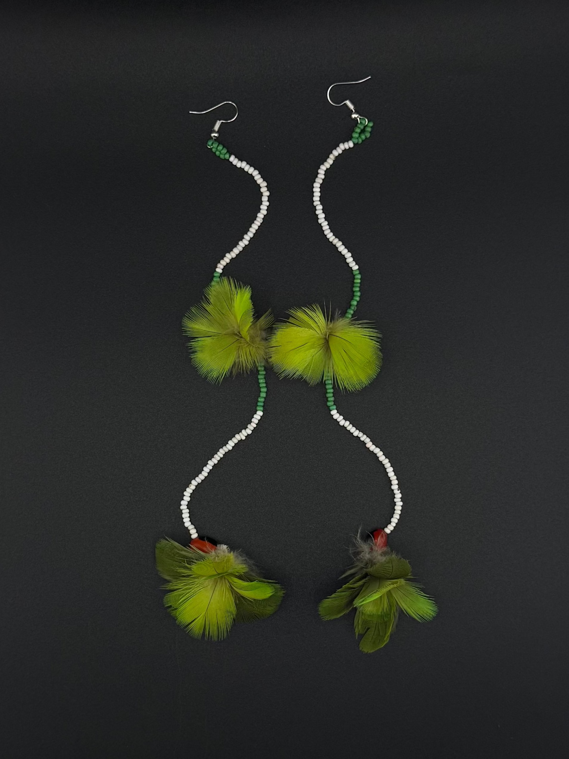 Green Double Pom Huni Kuin Feather Earrings