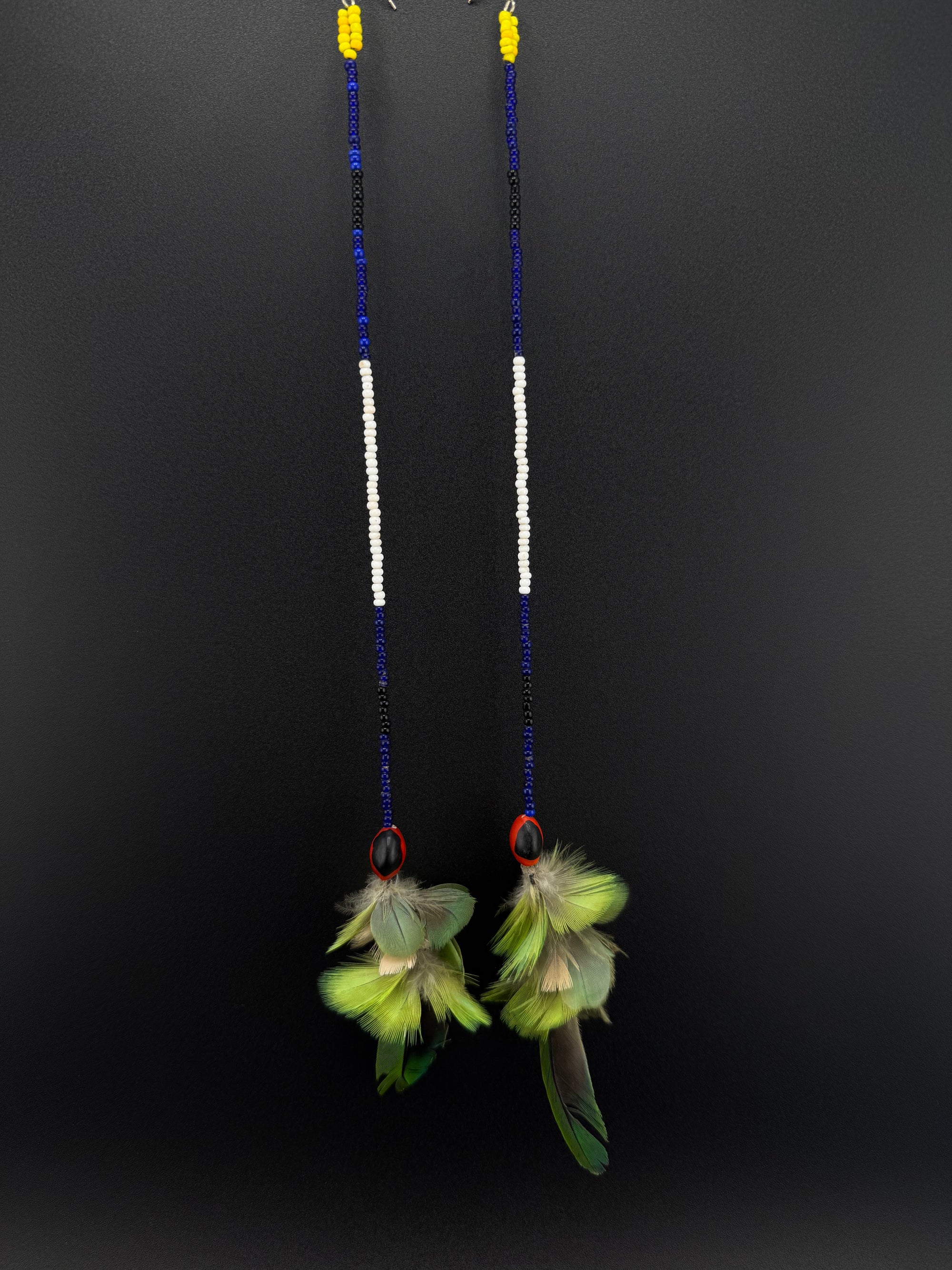 Green &amp; Blue Pom Huni Kuin Feather Earrings