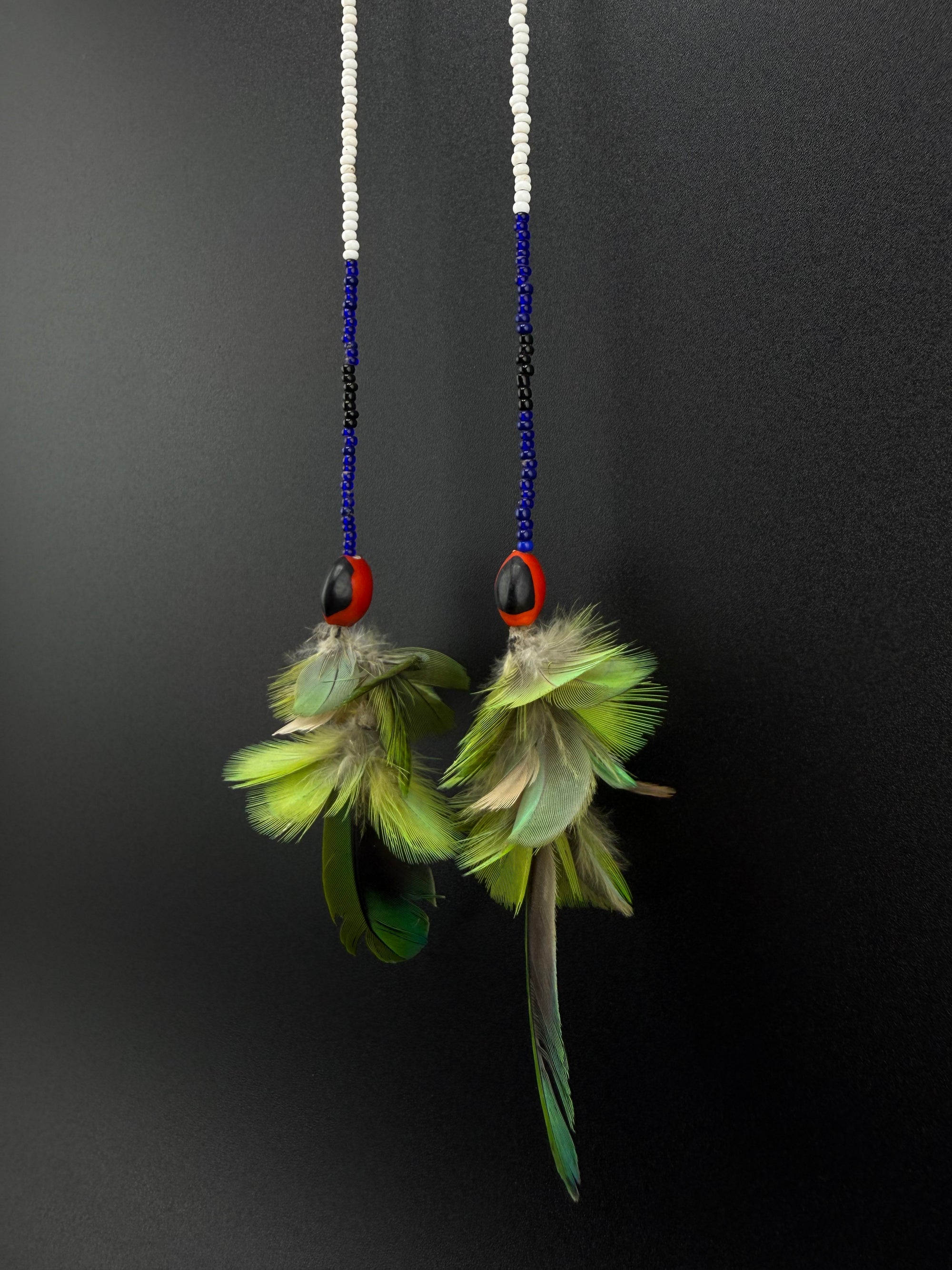 Green &amp; Blue Pom Huni Kuin Feather Earrings