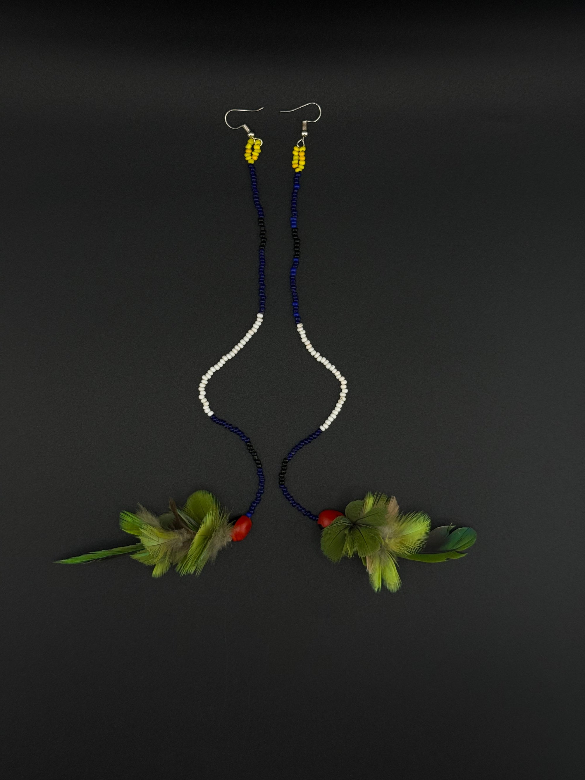 Green &amp; Blue Pom Huni Kuin Feather Earrings