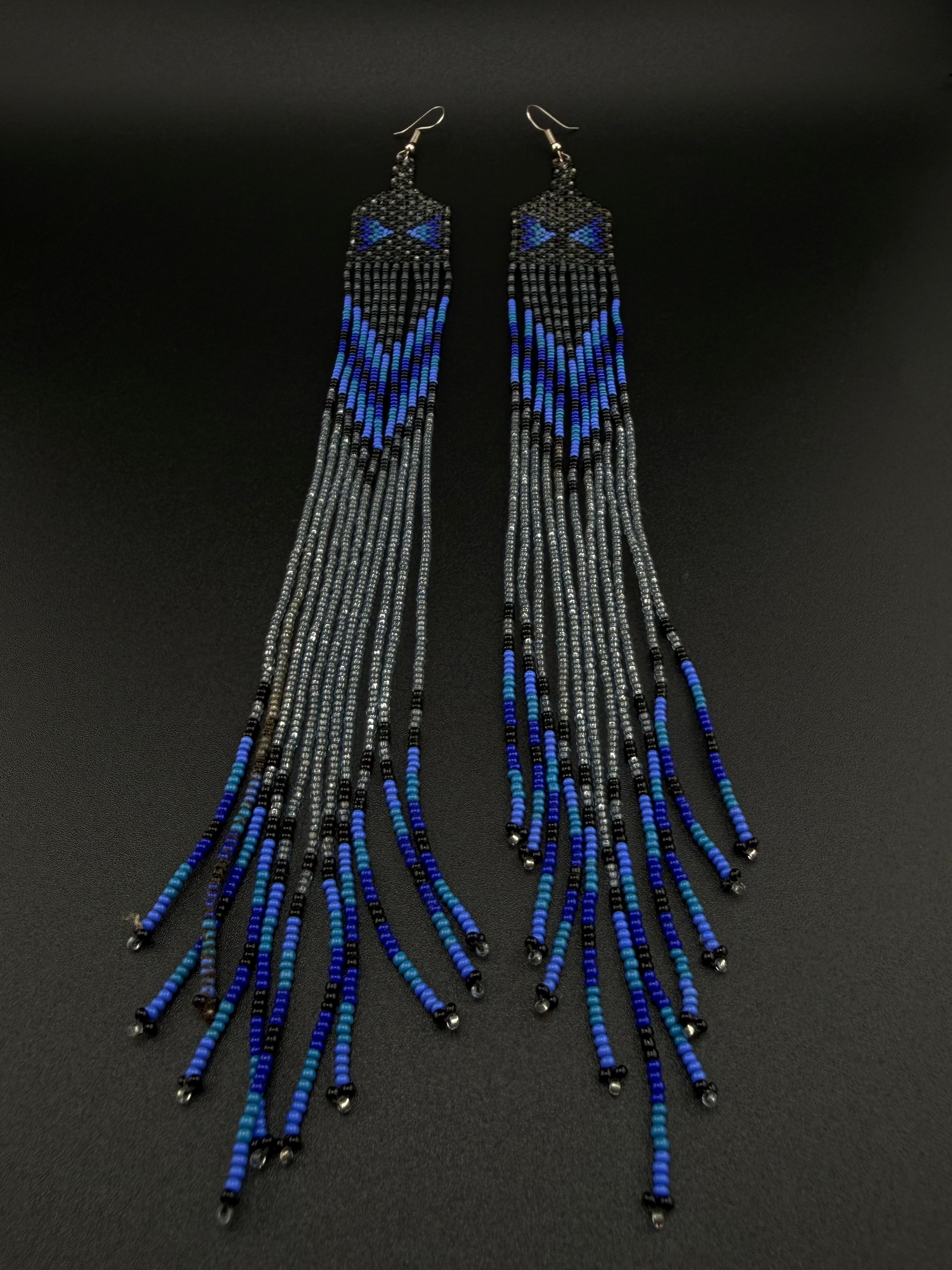 Blue Yawanawa Beaded Fringe Earrings
